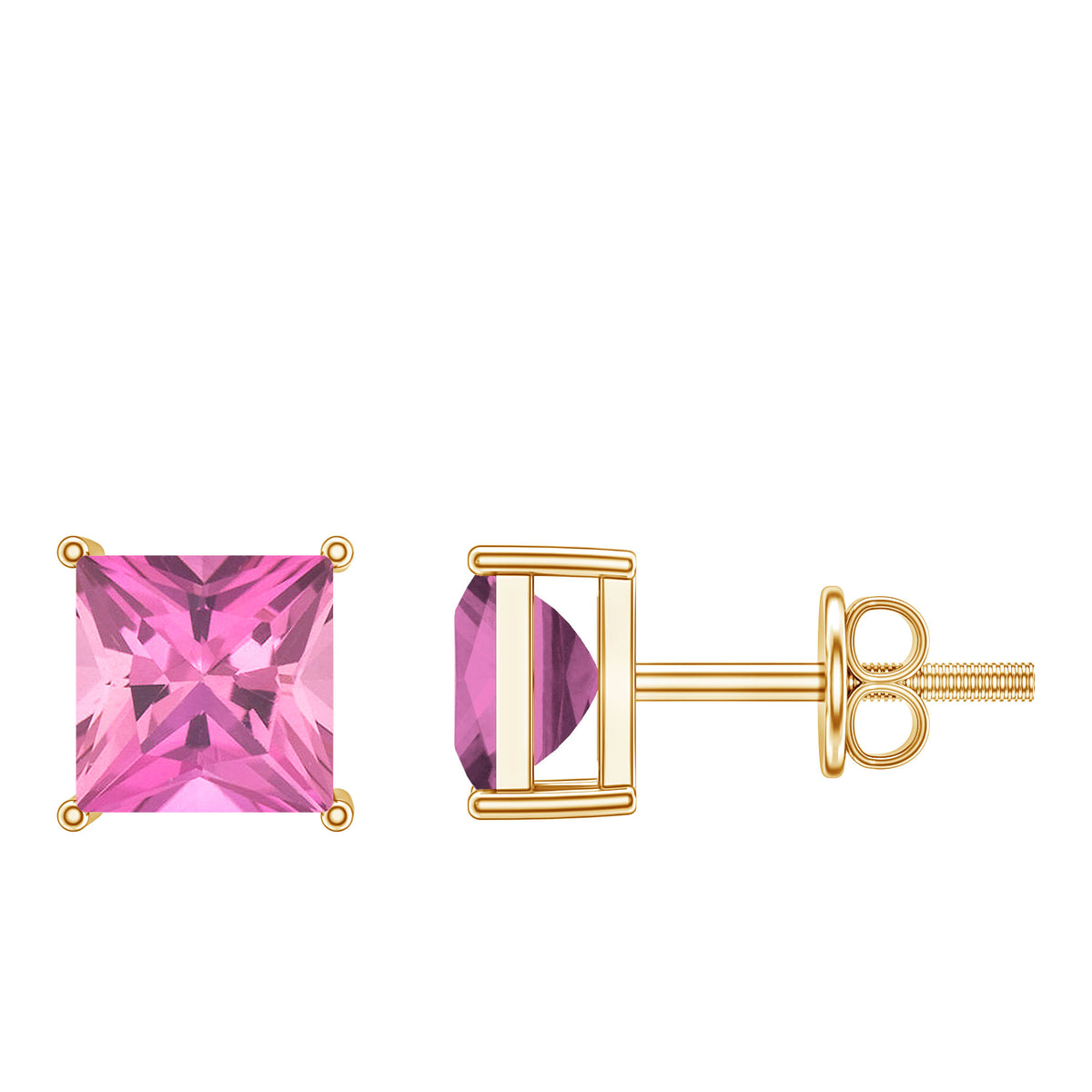 2 Carat Princess Cut Pink Tourmaline Stud Earrings with Screw Back AAA - Rosec Jewels