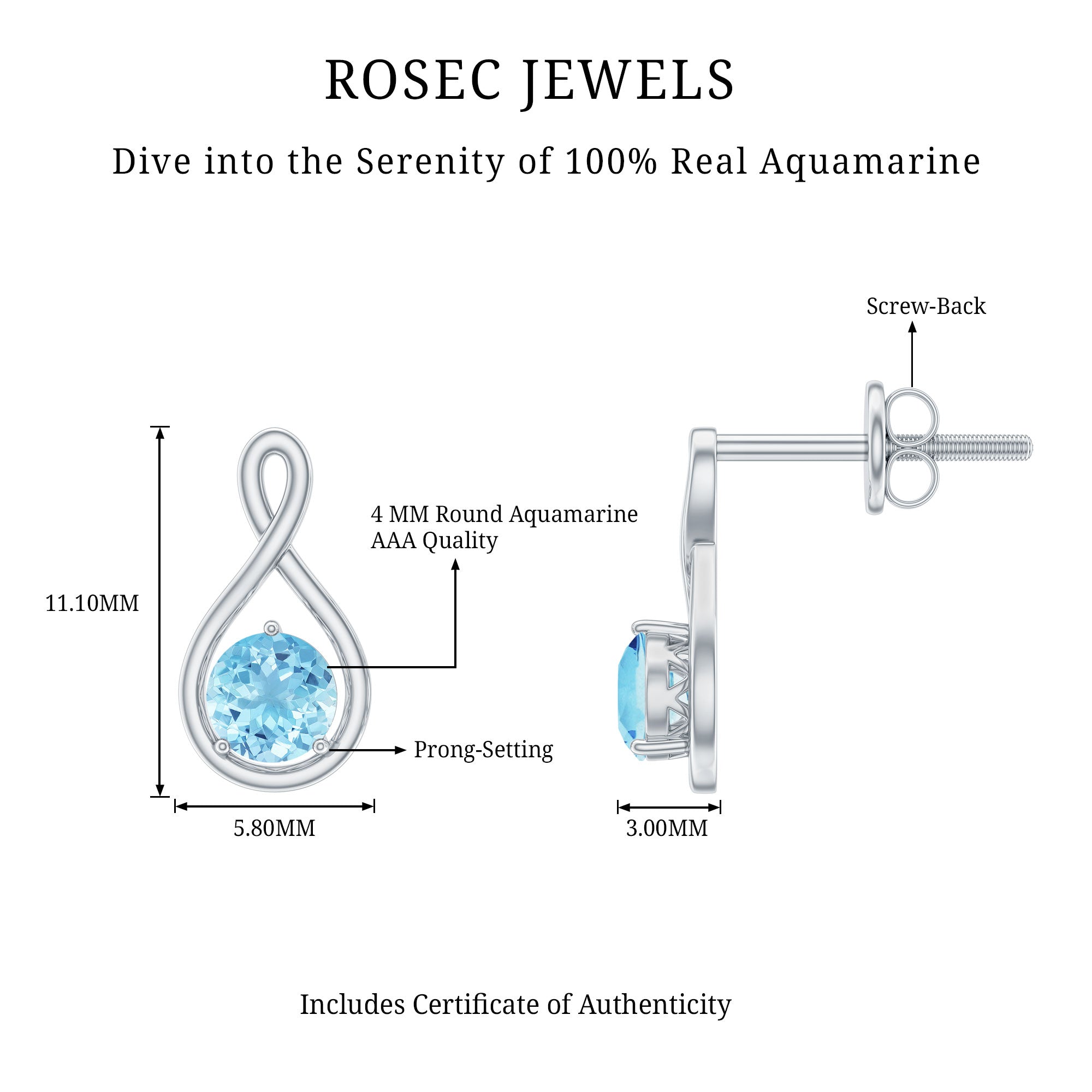 Genuine 0.5 Carat Aquamarine Infinity Stud Earrings AAA - Rosec Jewels