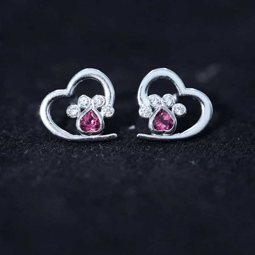 Heart Shape Pink Tourmaline and Diamond Dog Paw Stud Earrings AAA - Rosec Jewels