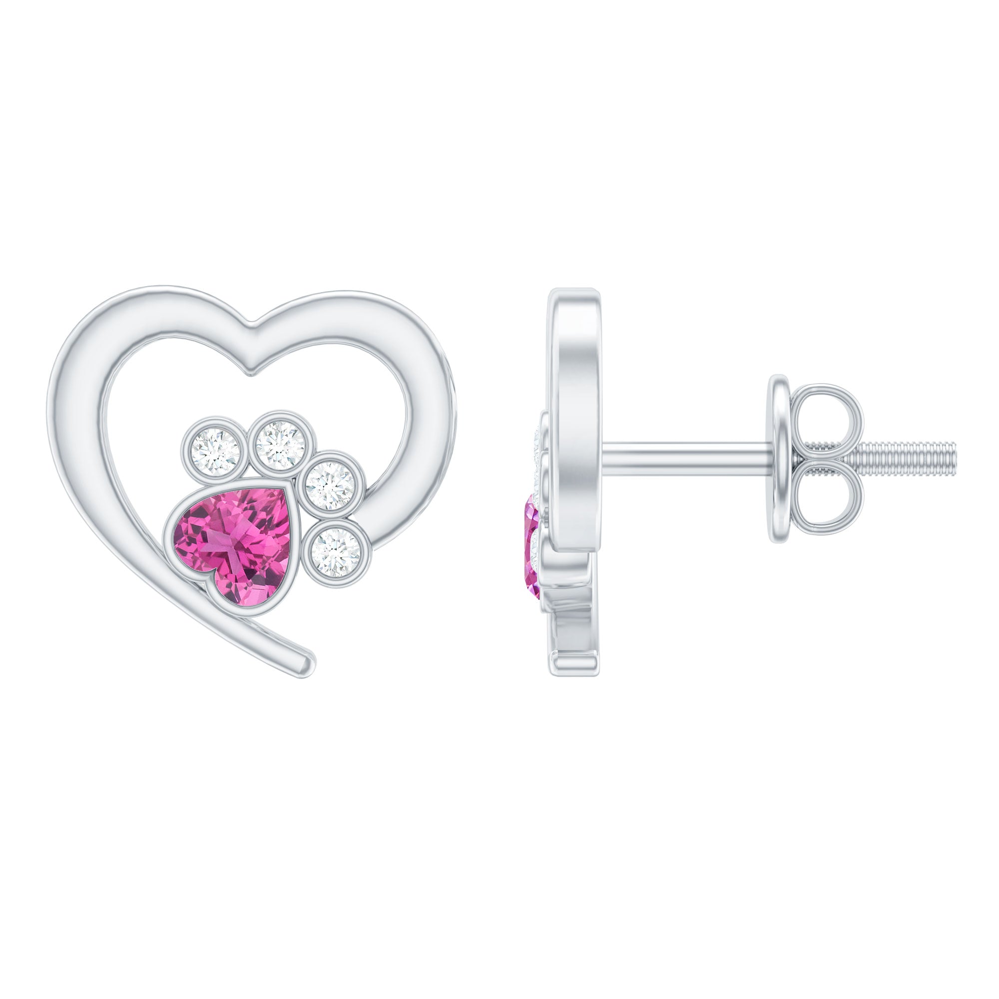 1/2 CT Heart Shape Pink Tourmaline and Diamond Dog Paw Stud Earrings
