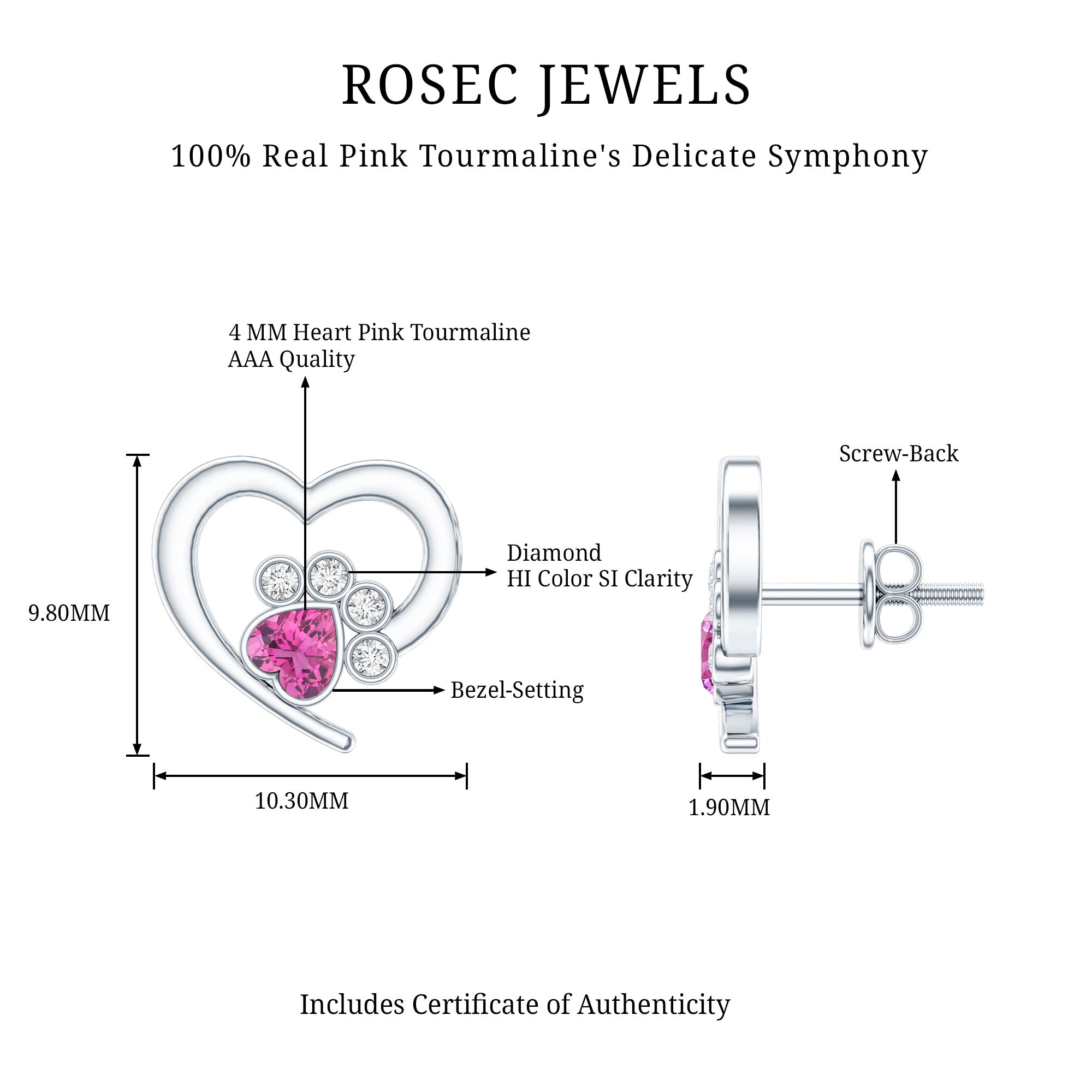 Heart Shape Pink Tourmaline and Diamond Dog Paw Stud Earrings AAA - Rosec Jewels