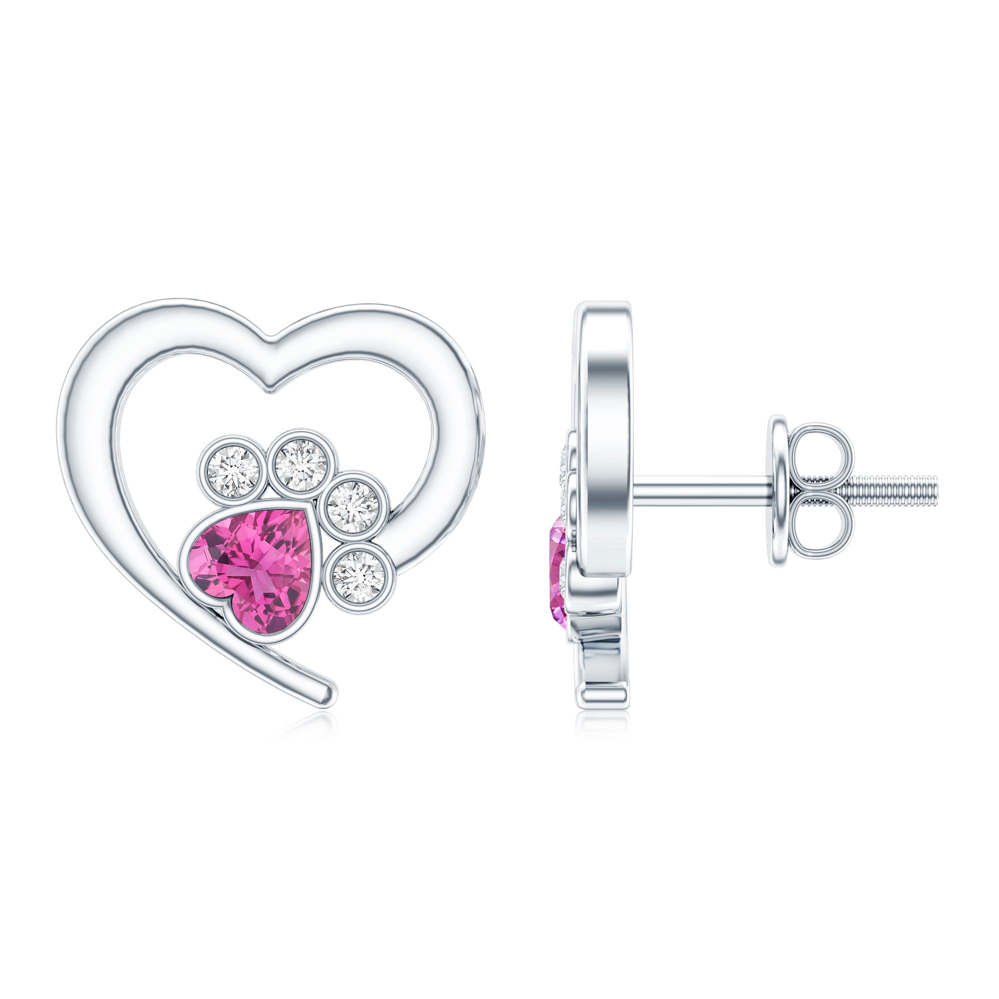 Heart Shape Pink Tourmaline and Diamond Dog Paw Stud Earrings AAA - Rosec Jewels