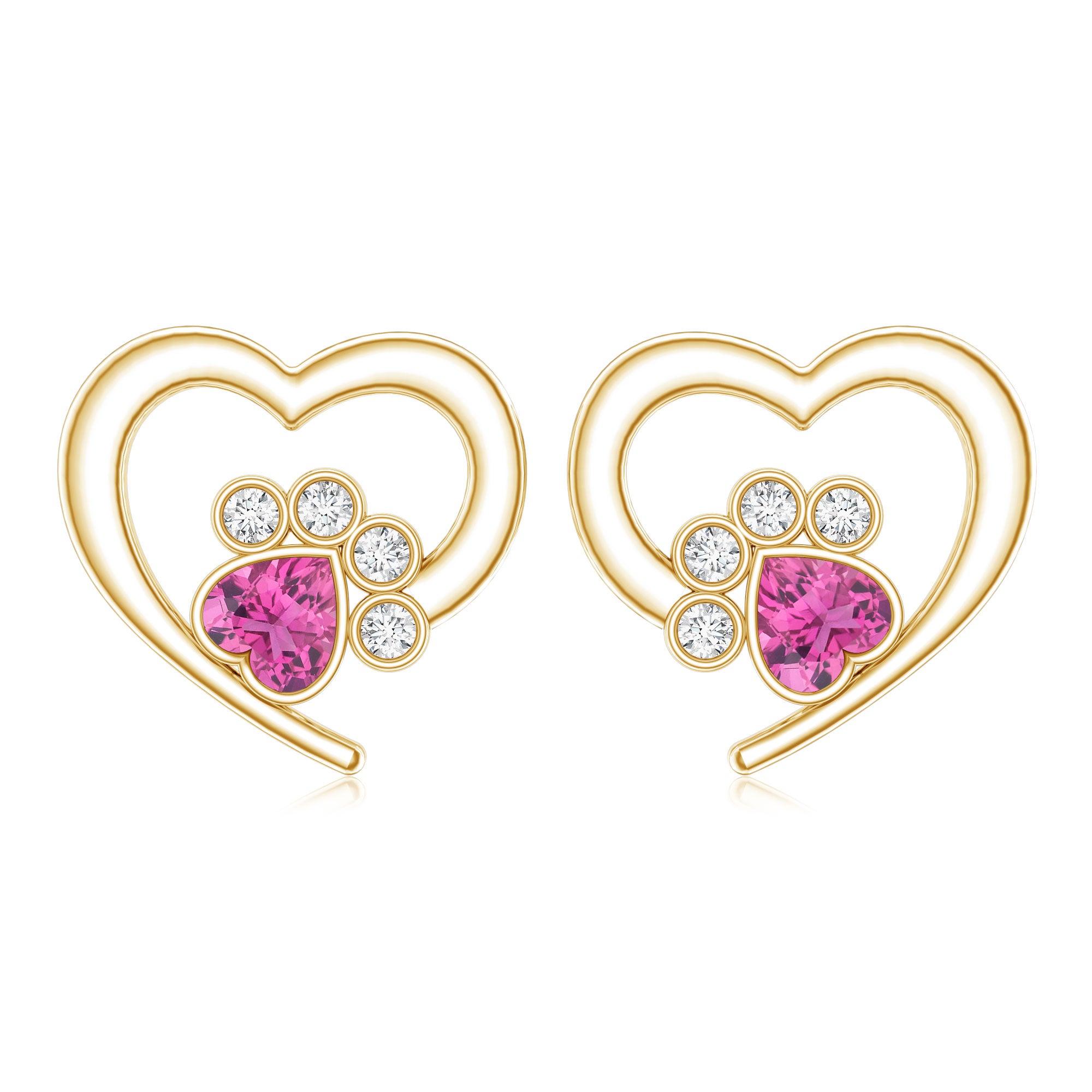 Heart Shape Pink Tourmaline and Diamond Dog Paw Stud Earrings AAA - Rosec Jewels
