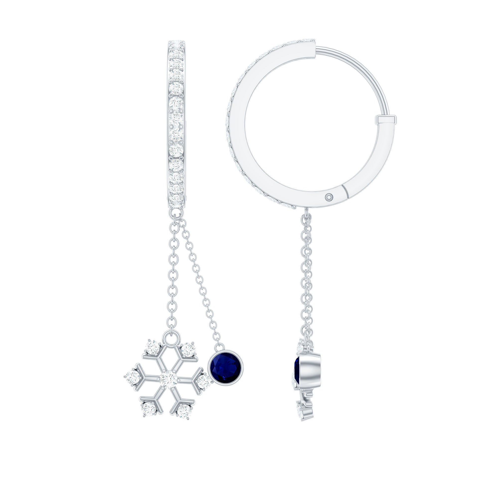 Real Blue Sapphire and Diamond Snowflake Dangle Hoop Earrings AAA - Rosec Jewels