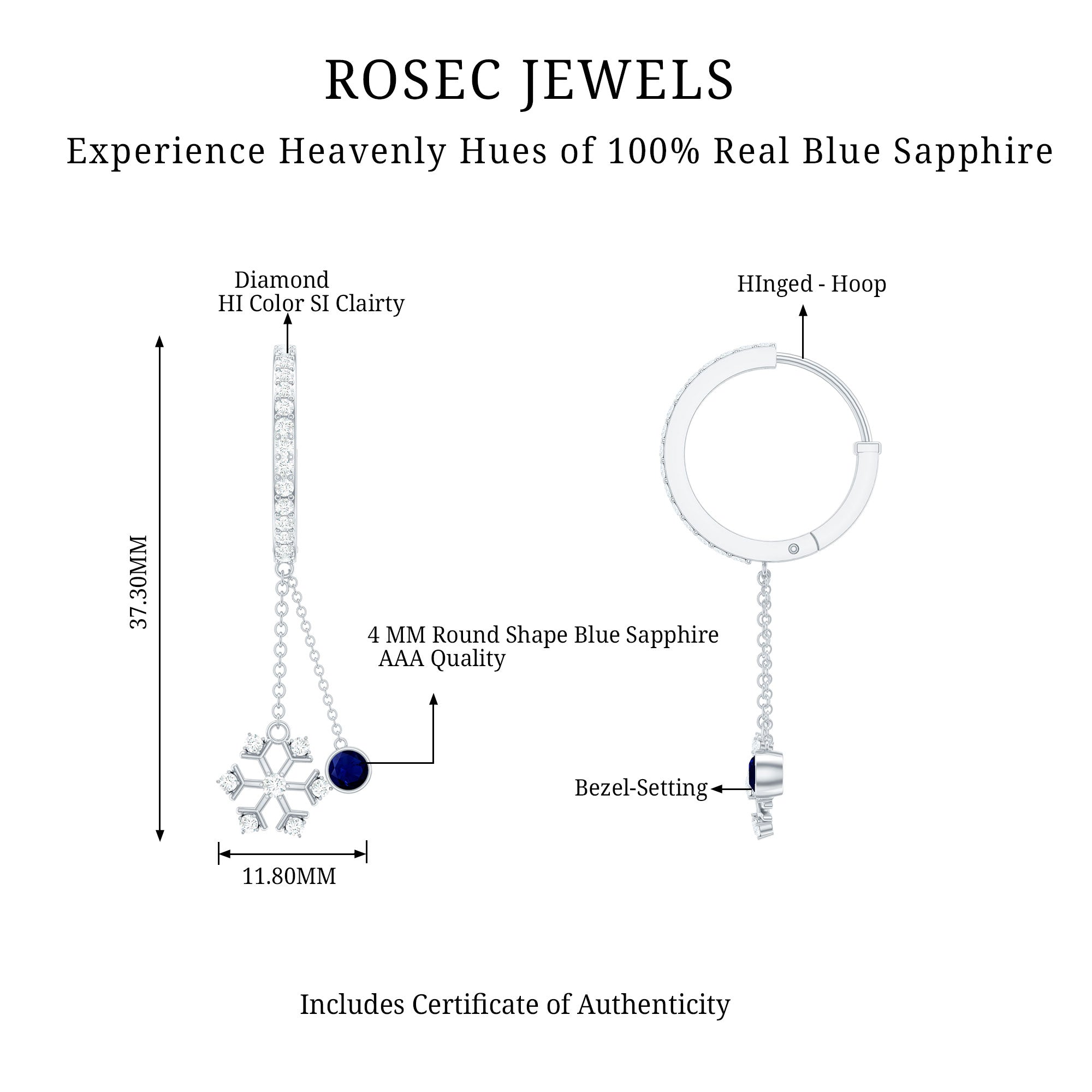 Real Blue Sapphire and Diamond Snowflake Dangle Hoop Earrings AAA - Rosec Jewels