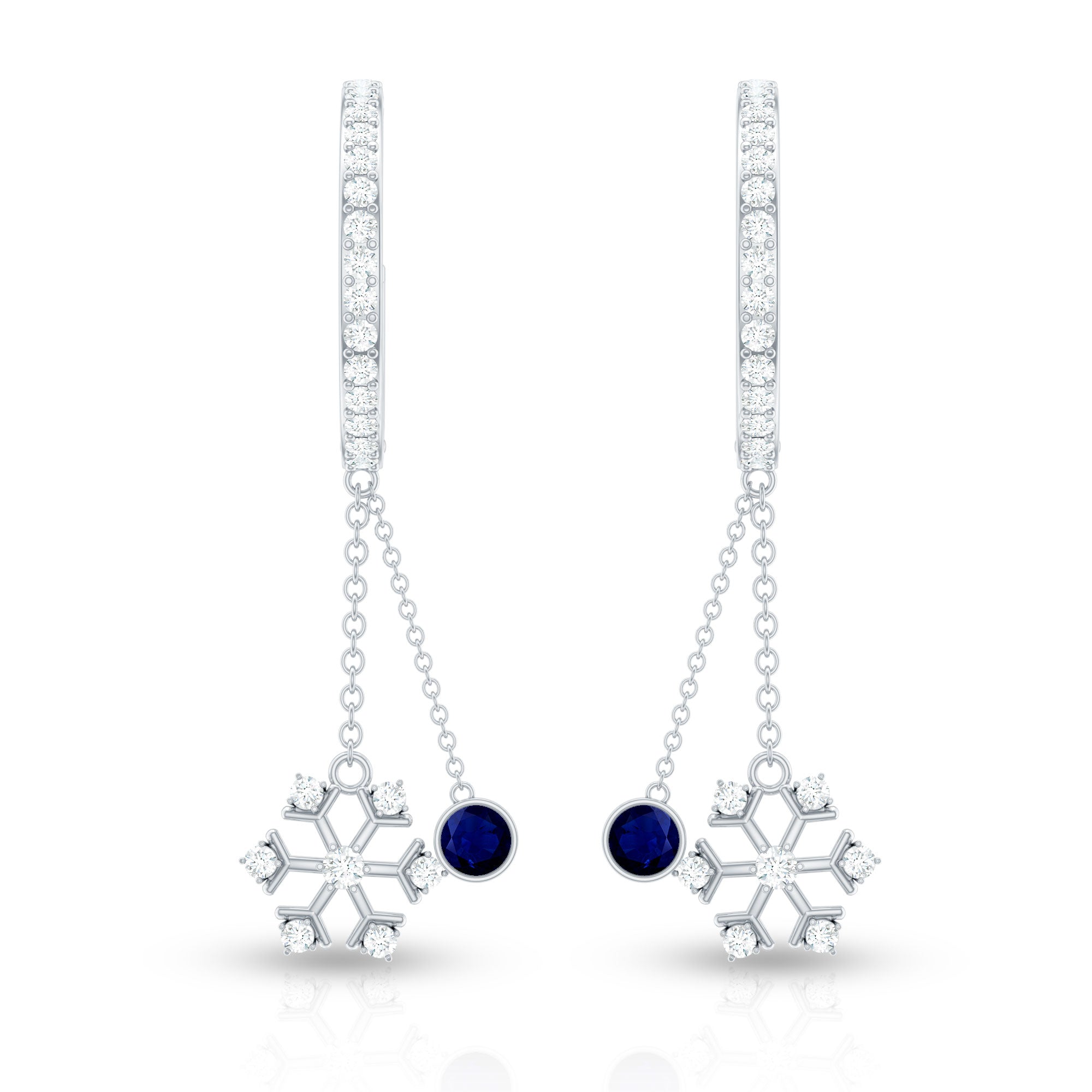 Real Blue Sapphire and Diamond Snowflake Dangle Hoop Earrings AAA - Rosec Jewels