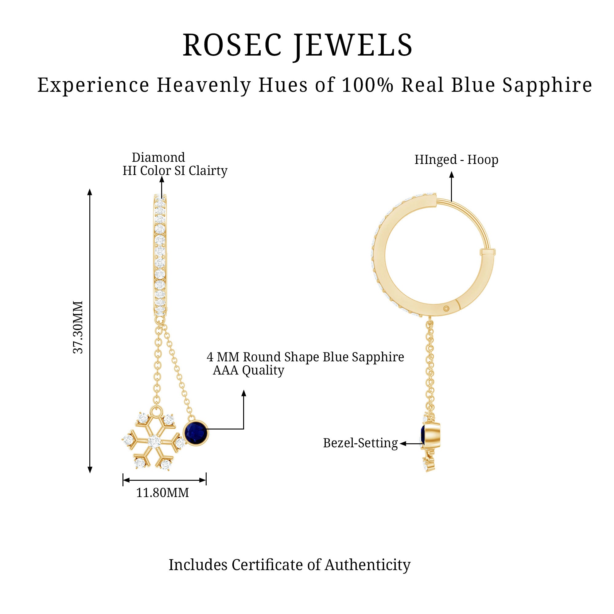 Real Blue Sapphire and Diamond Snowflake Dangle Hoop Earrings AAA - Rosec Jewels