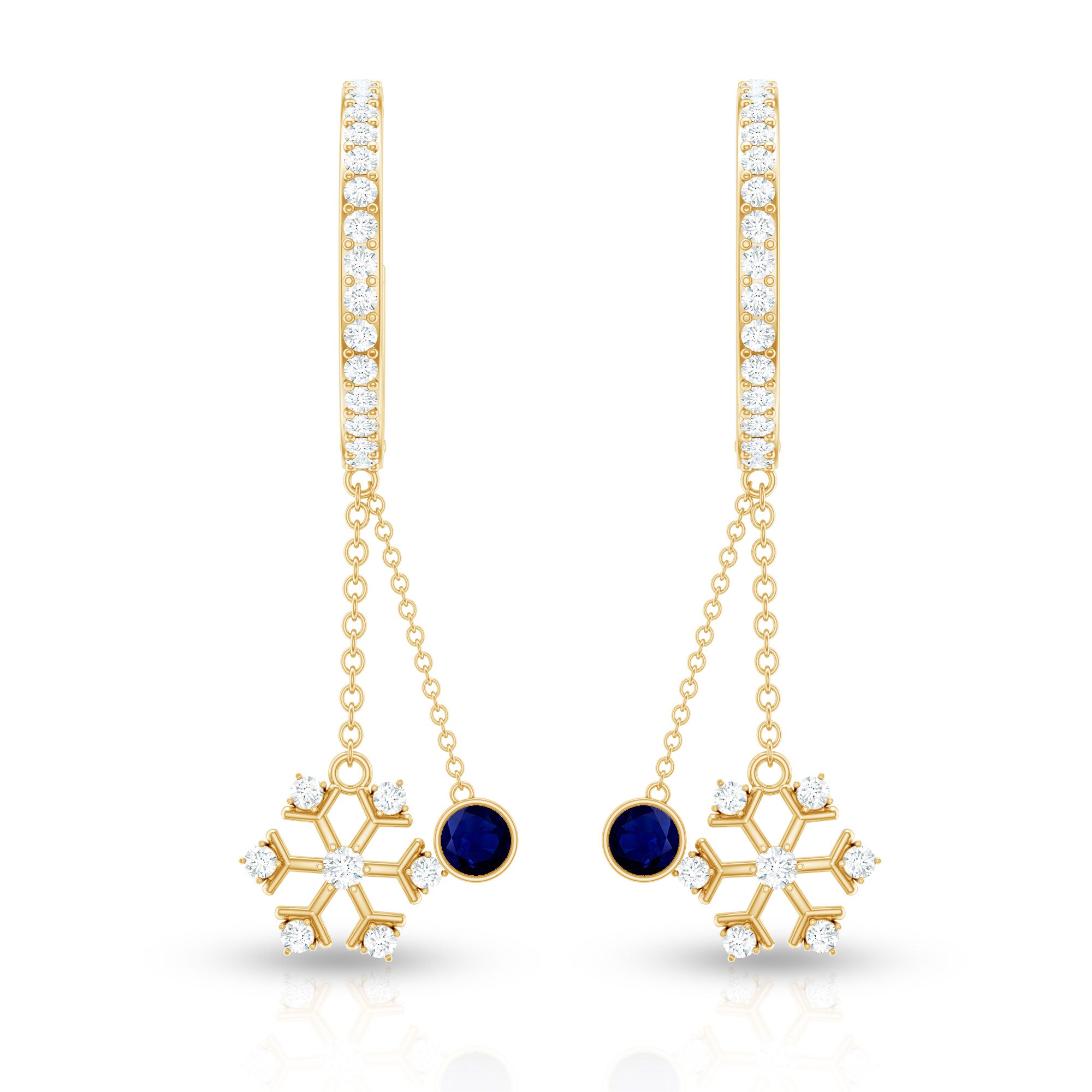 Real Blue Sapphire and Diamond Snowflake Dangle Hoop Earrings AAA - Rosec Jewels