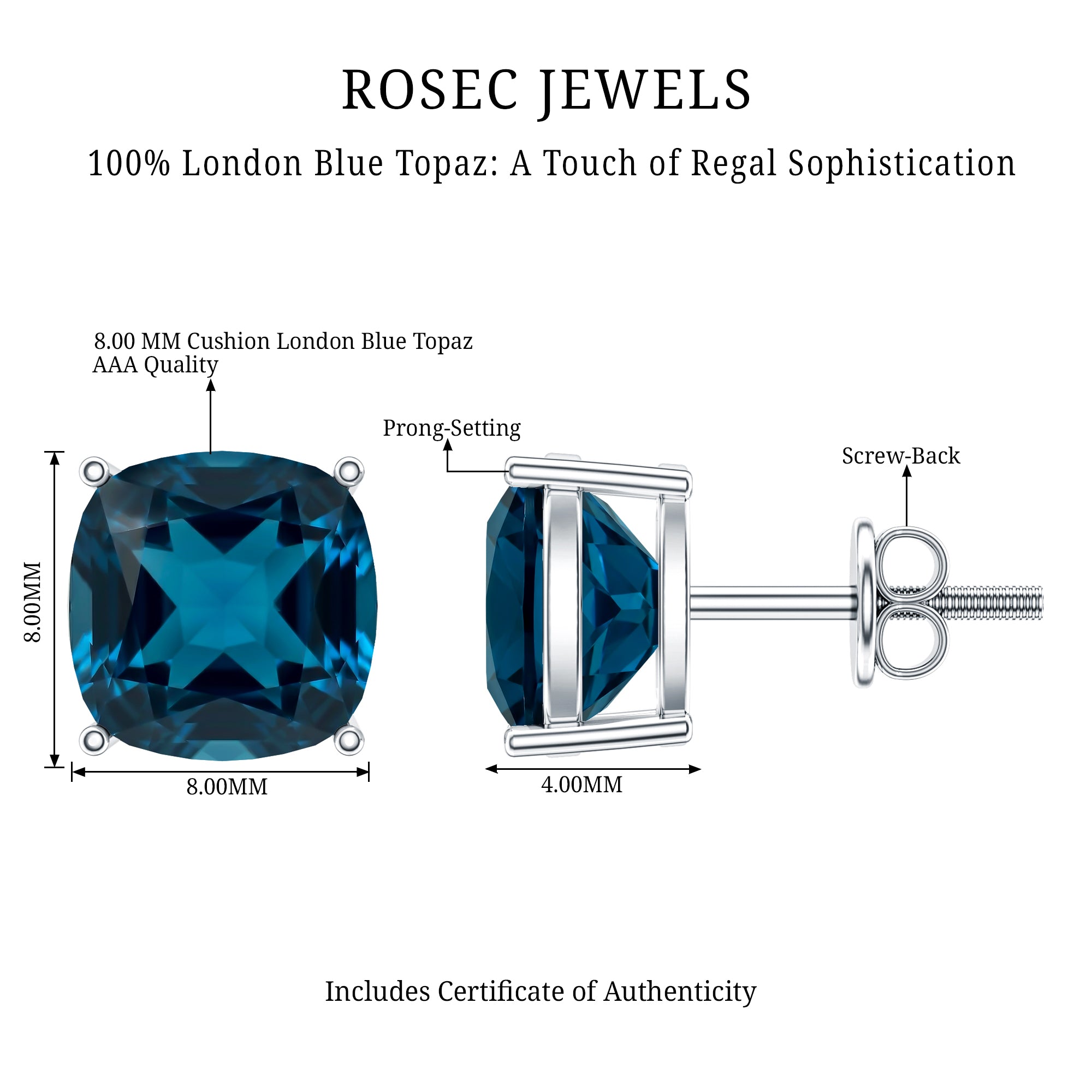5.6 Carat Cushion Cut London Blue Topaz Stud Earrings AAA - Rosec Jewels
