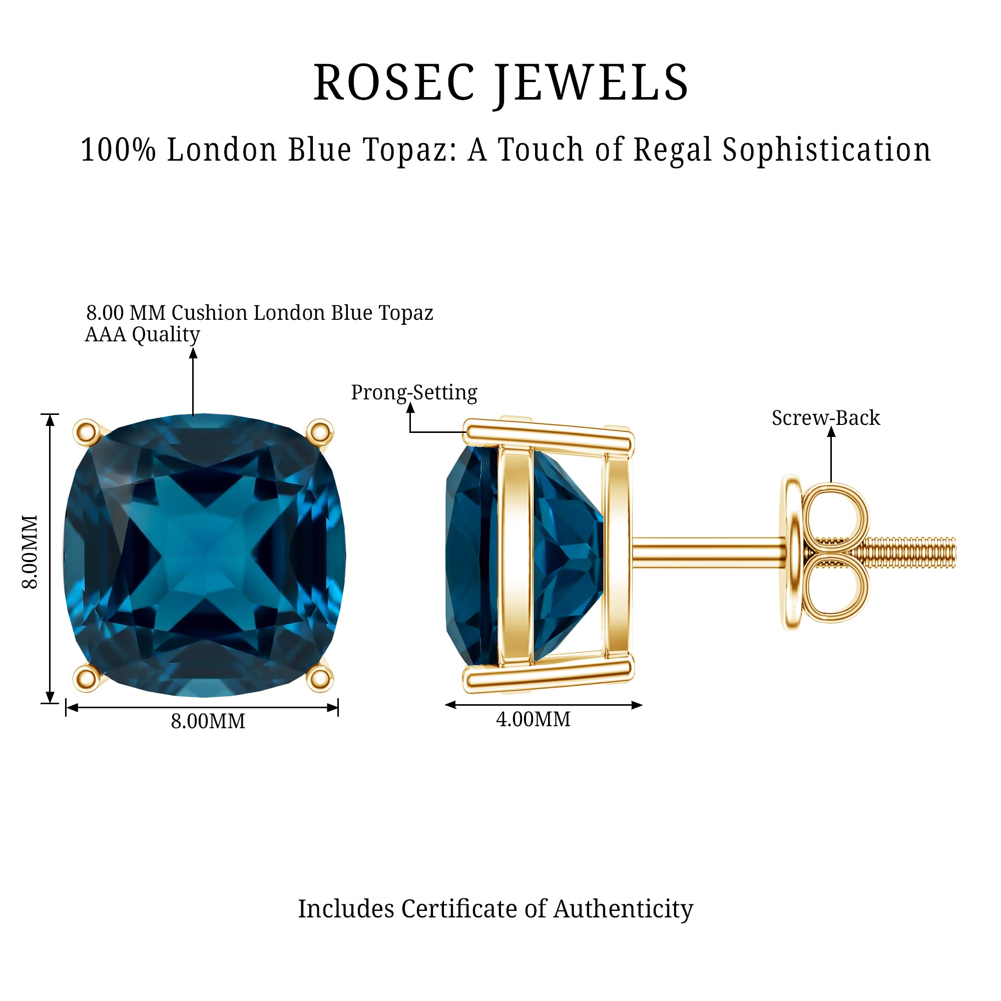 5.6 Carat Cushion Cut London Blue Topaz Stud Earrings AAA - Rosec Jewels