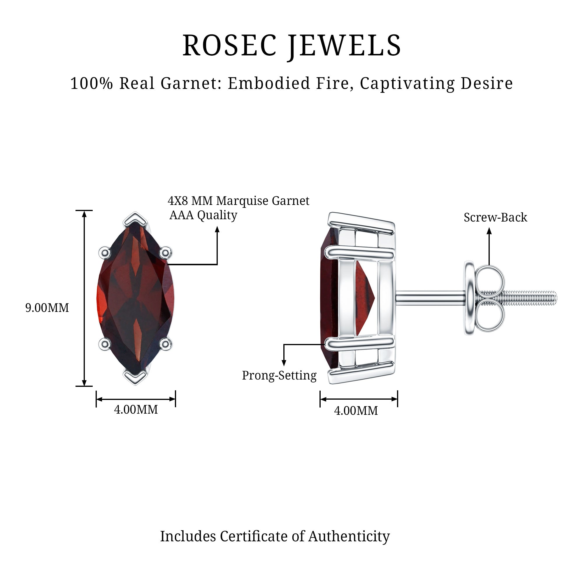 1.5 Carat Marquise Shape Garnet Solitaire Stud Earrings AAA - Rosec Jewels