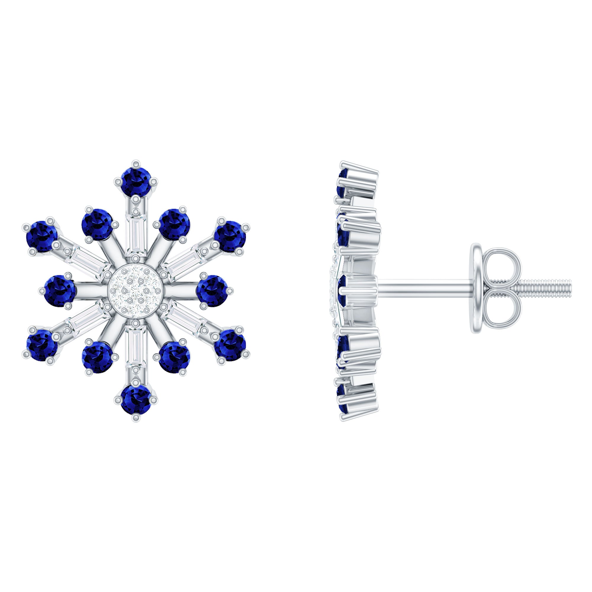 Lab Grown Blue Sapphire and Diamond Snowflake Stud Earrings AAAA - Rosec Jewels