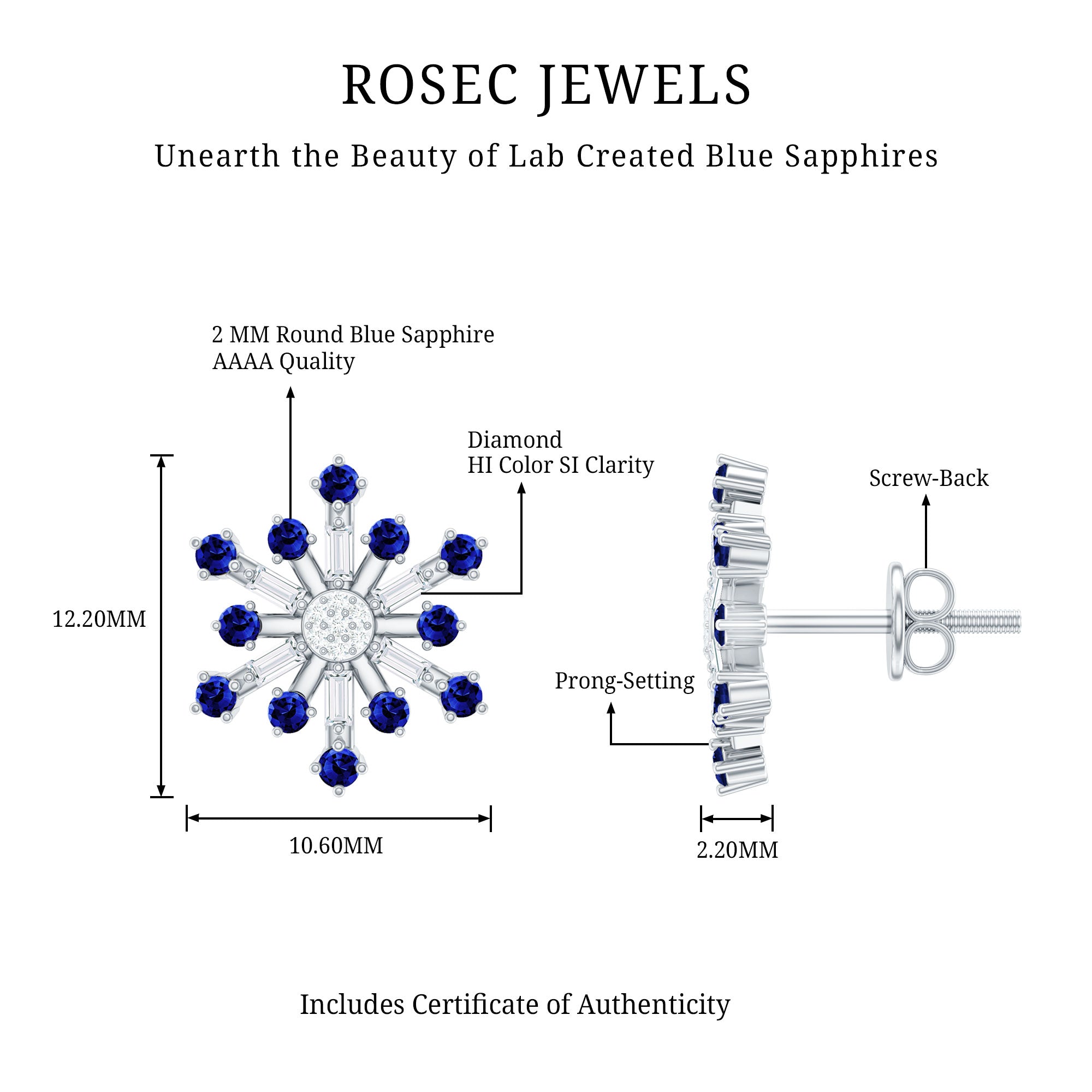 Lab Grown Blue Sapphire and Diamond Snowflake Stud Earrings AAAA - Rosec Jewels