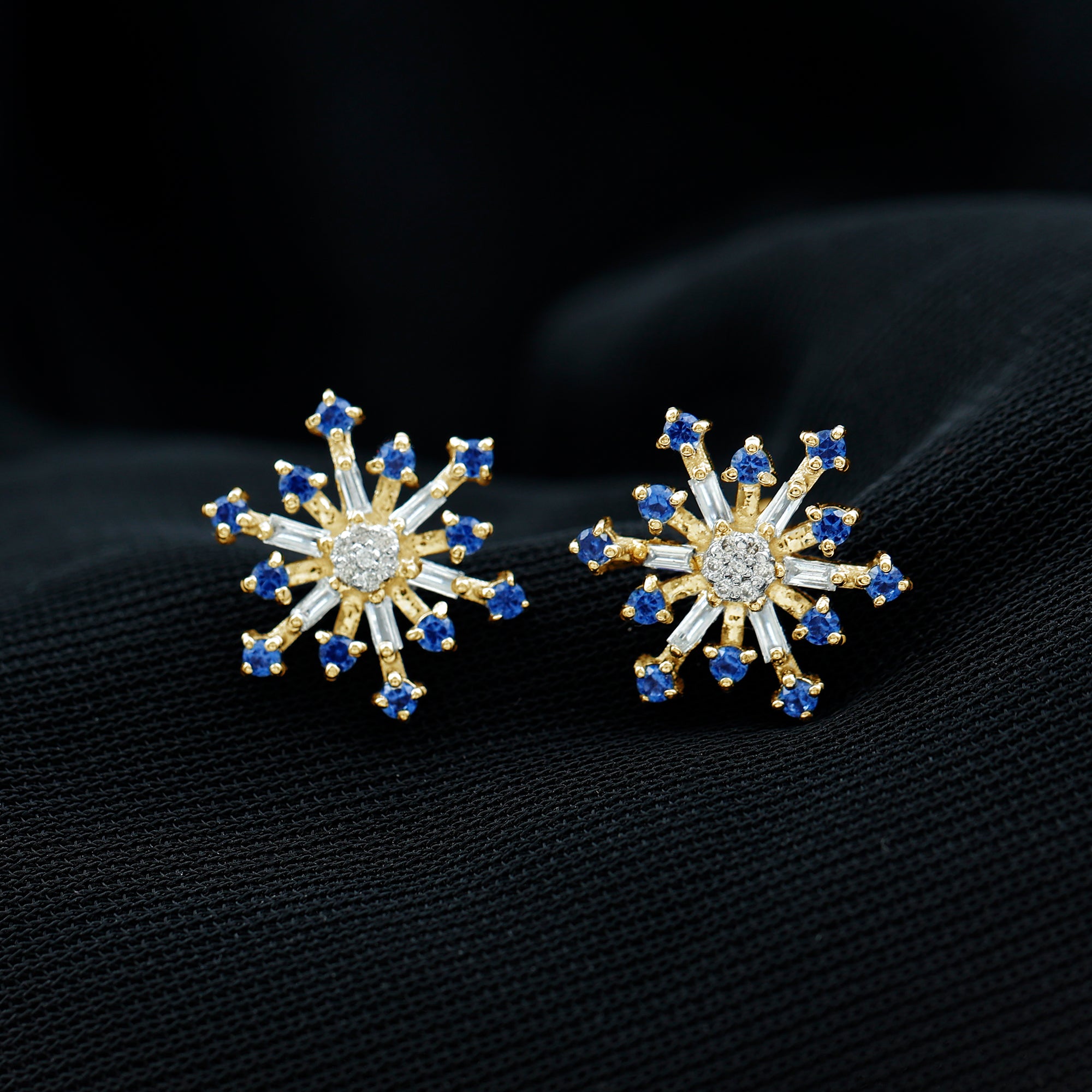 Lab Grown Blue Sapphire and Diamond Snowflake Stud Earrings AAAA - Rosec Jewels