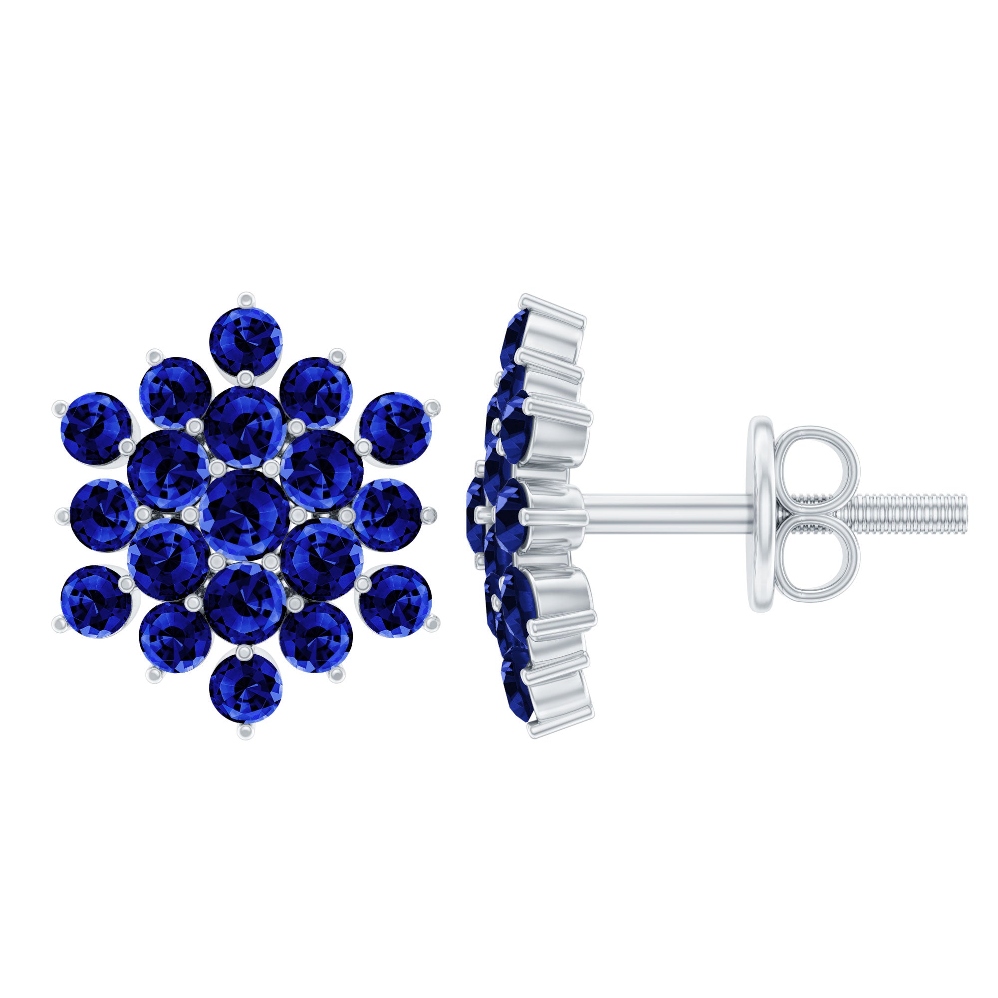 Snowflake Looking Lab Grown Blue Sapphire Cluster Stud Earrings AAAA - Rosec Jewels