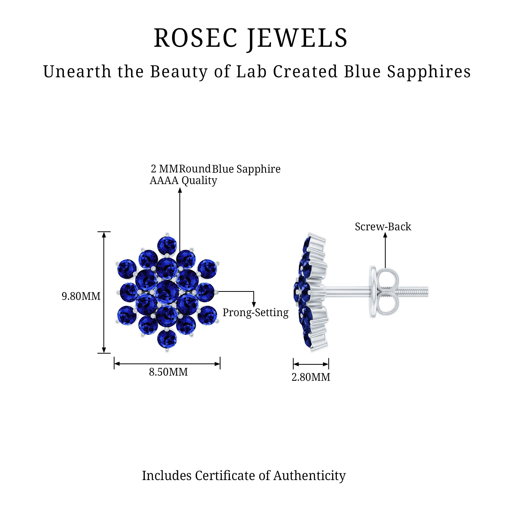 Snowflake Looking Lab Grown Blue Sapphire Cluster Stud Earrings AAAA - Rosec Jewels
