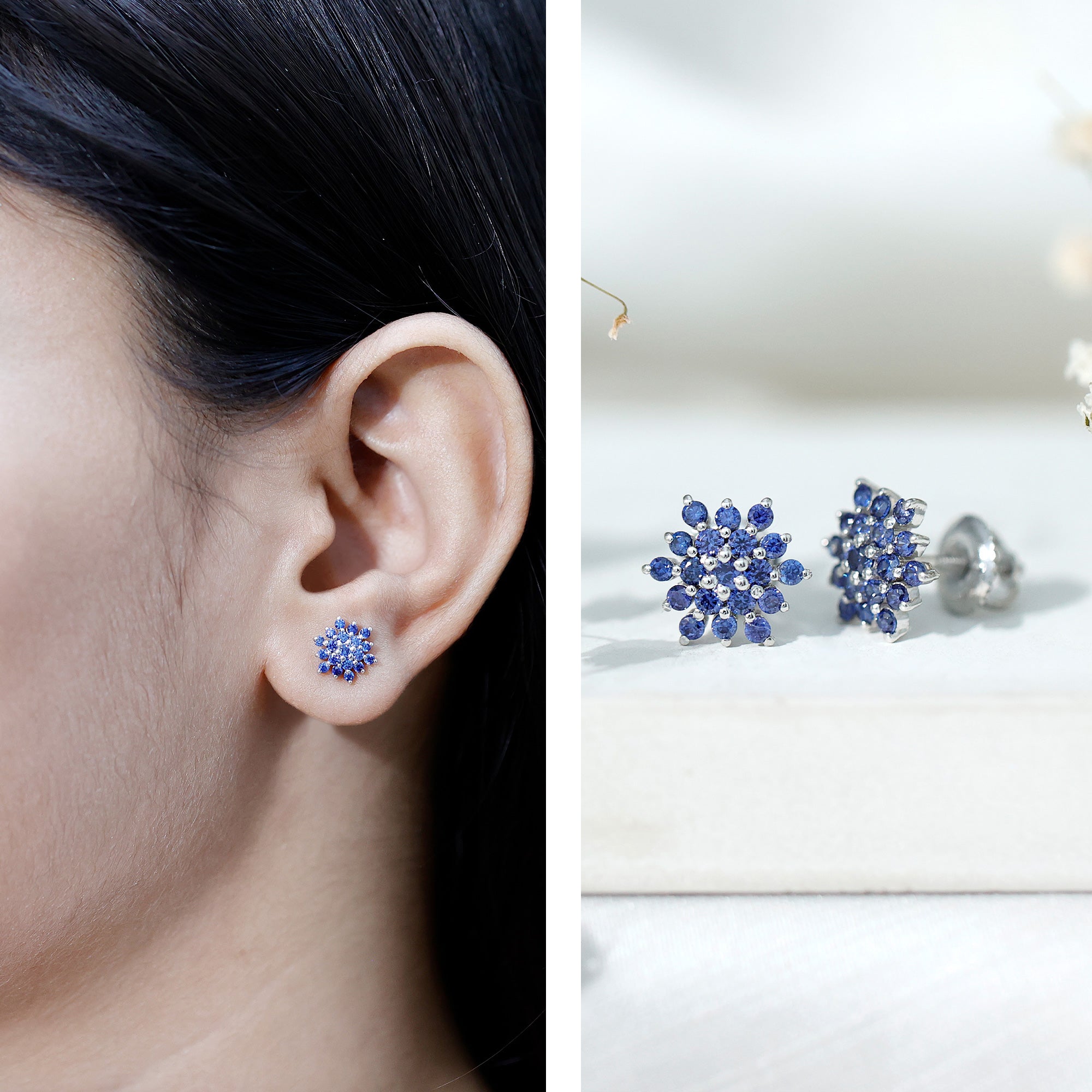 Snowflake Looking Lab Grown Blue Sapphire Cluster Stud Earrings AAAA - Rosec Jewels