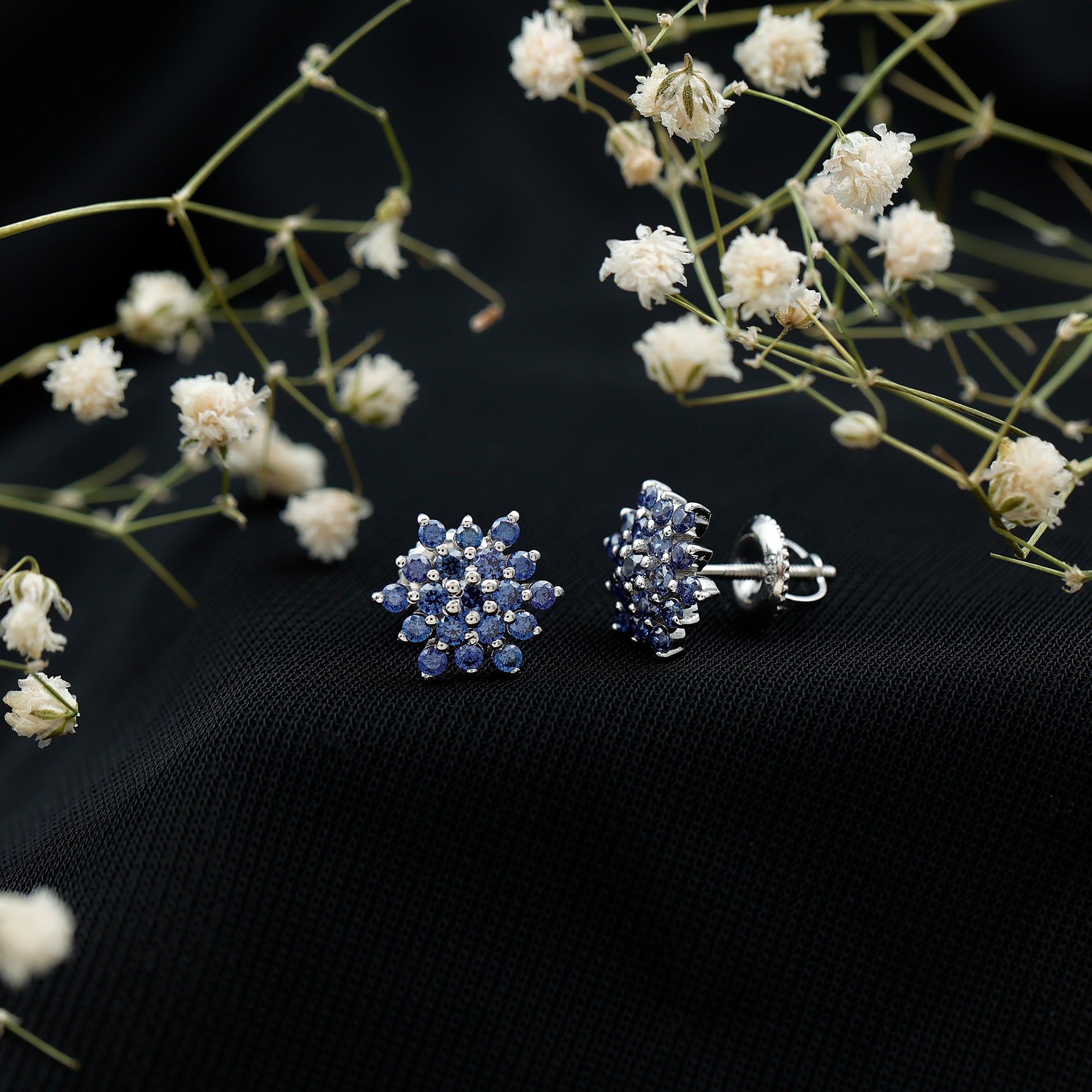 Snowflake Looking Lab Grown Blue Sapphire Cluster Stud Earrings AAAA - Rosec Jewels