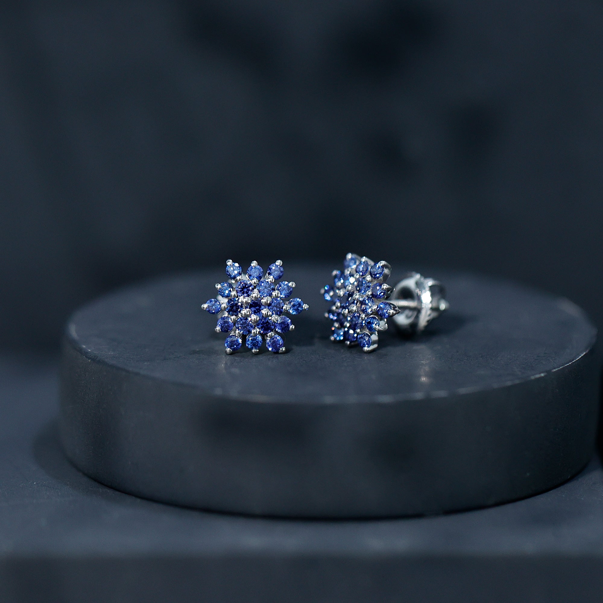 Snowflake Looking Lab Grown Blue Sapphire Cluster Stud Earrings AAAA - Rosec Jewels