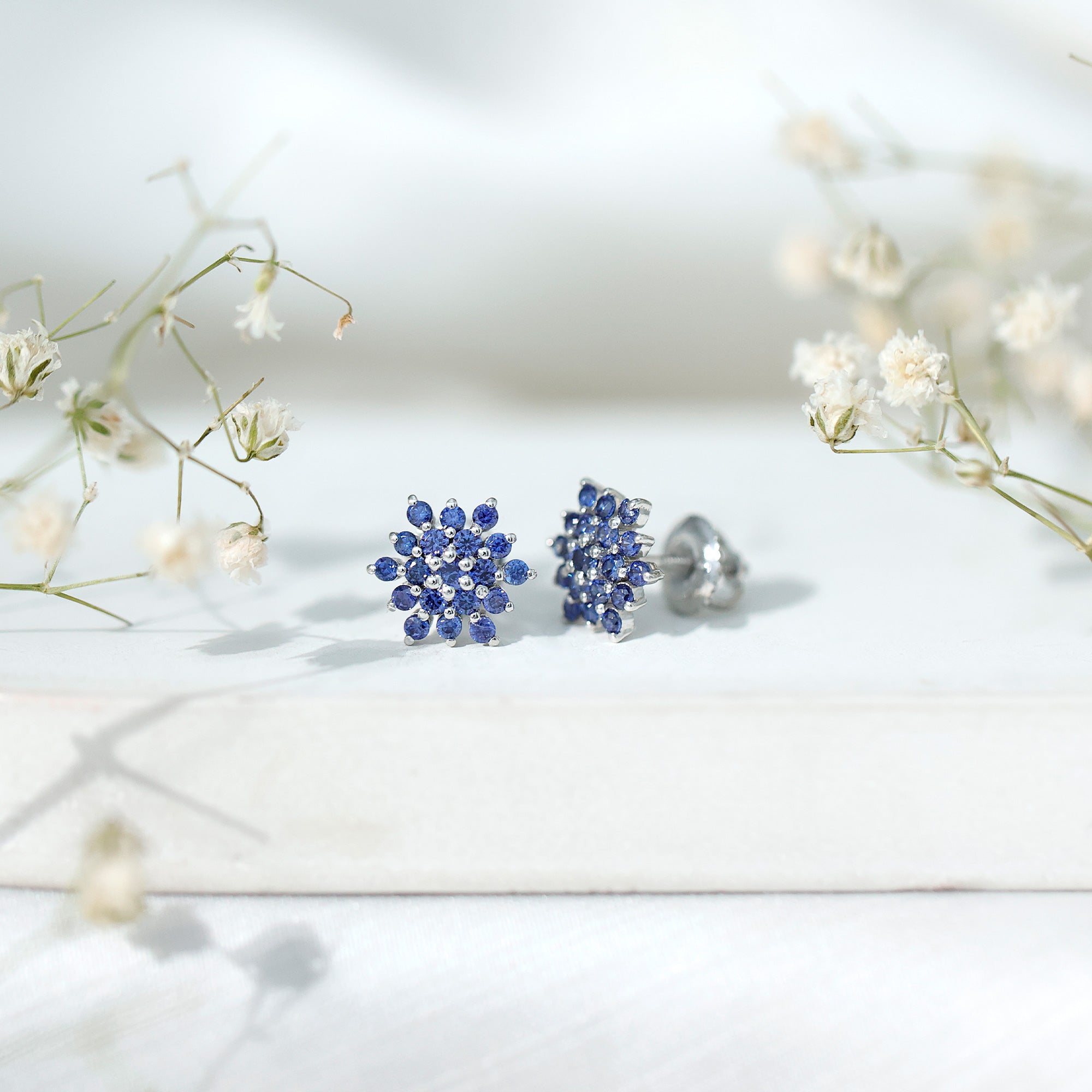 Snowflake Looking Lab Grown Blue Sapphire Cluster Stud Earrings AAAA - Rosec Jewels