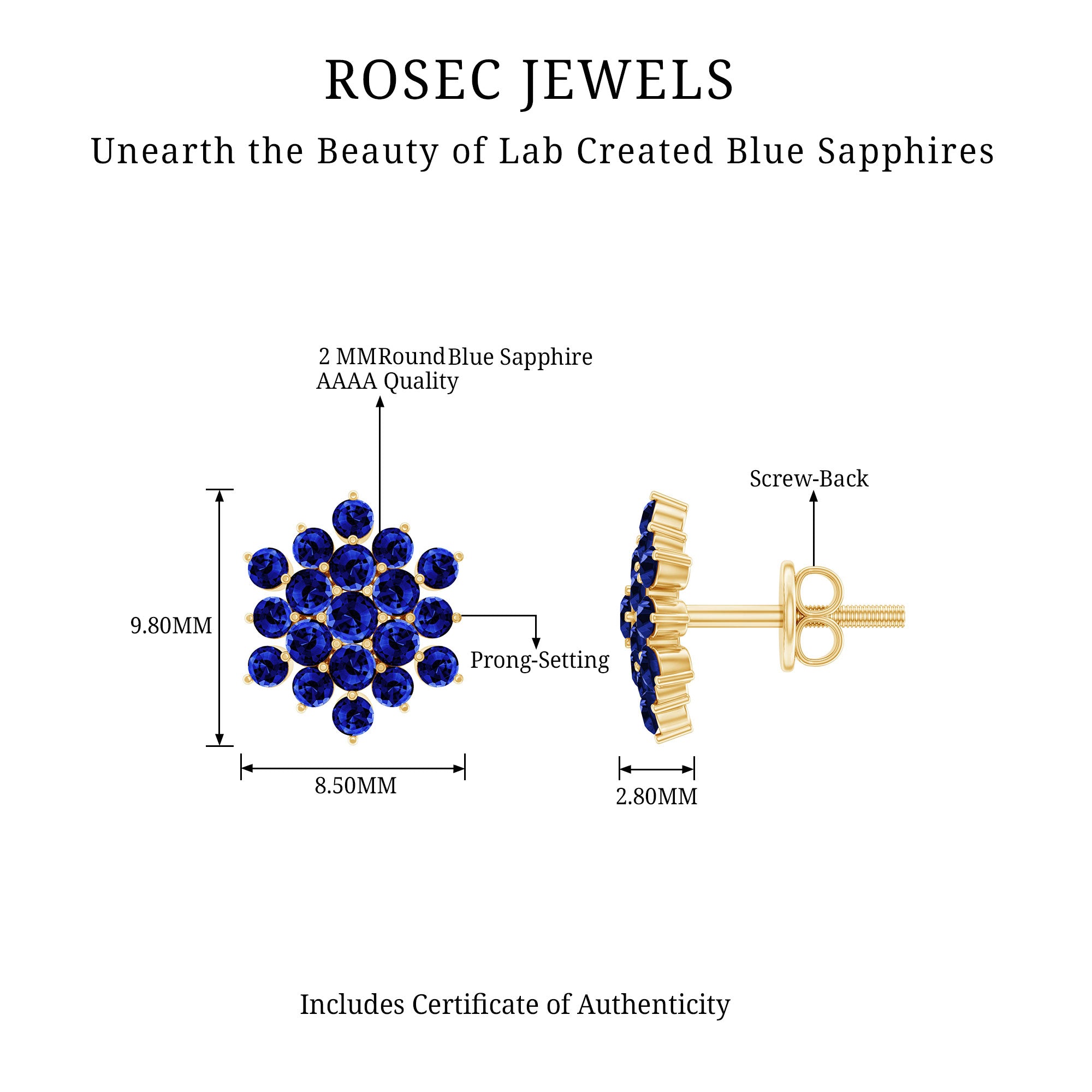Snowflake Looking Lab Grown Blue Sapphire Cluster Stud Earrings AAAA - Rosec Jewels