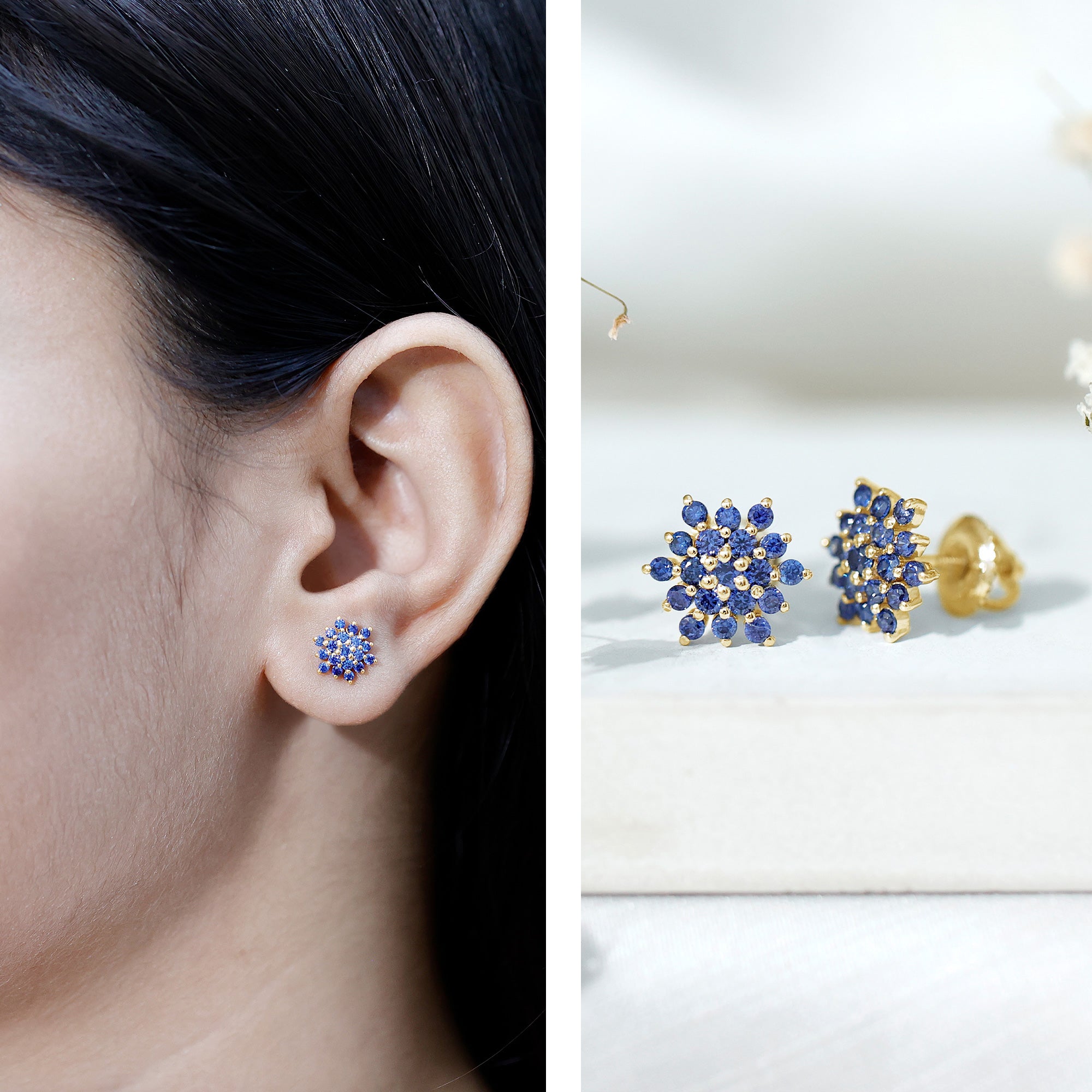 Snowflake Looking Lab Grown Blue Sapphire Cluster Stud Earrings AAAA - Rosec Jewels