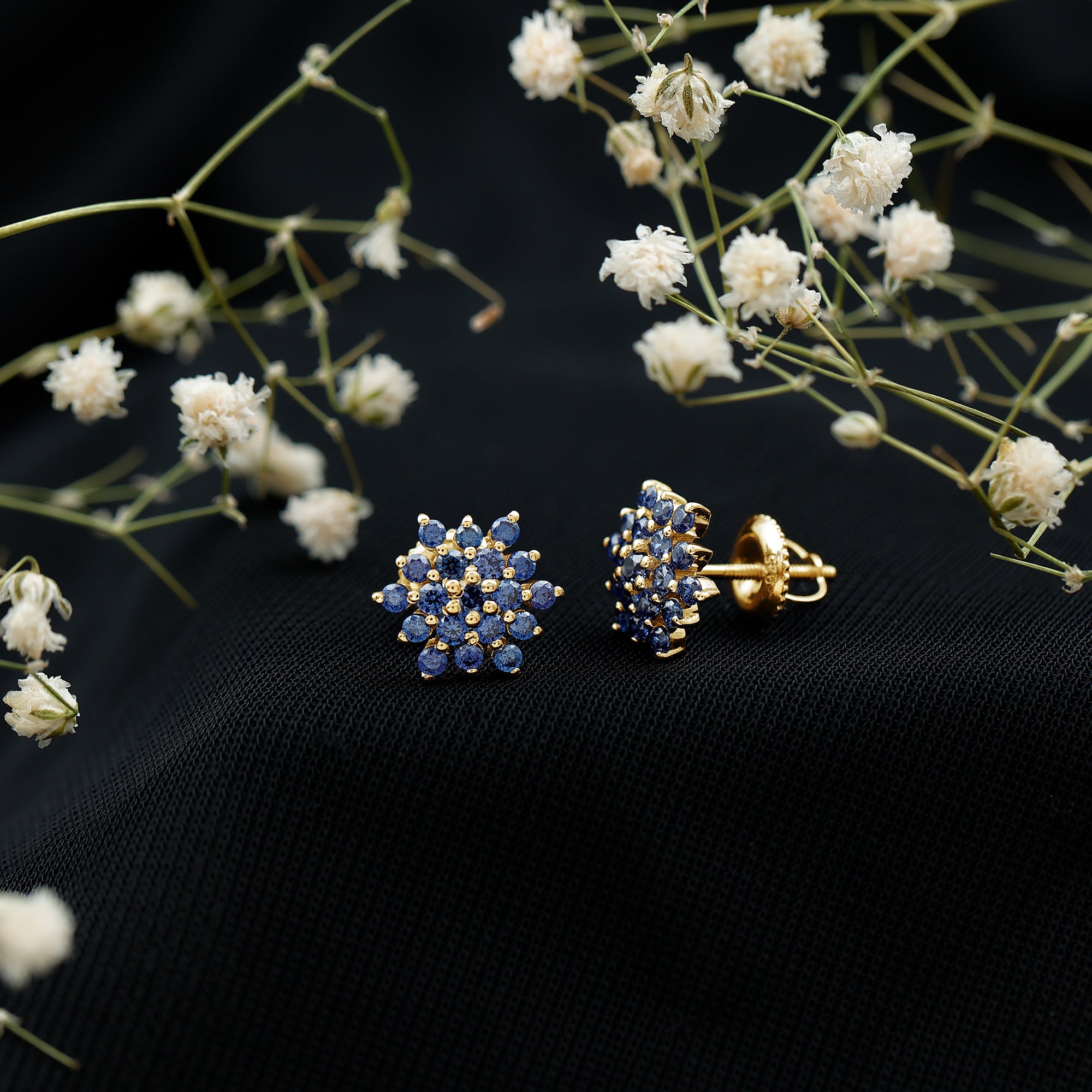 Snowflake Looking Lab Grown Blue Sapphire Cluster Stud Earrings AAAA - Rosec Jewels