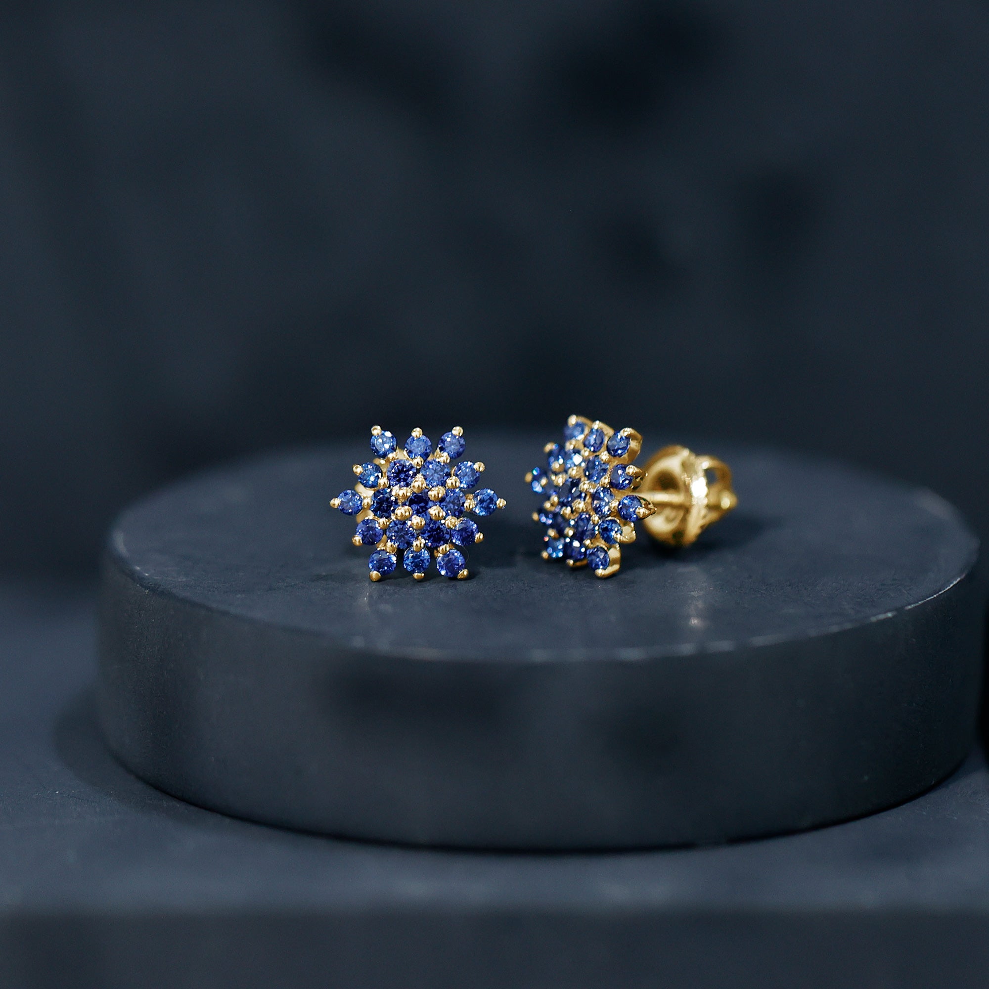 Snowflake Looking Lab Grown Blue Sapphire Cluster Stud Earrings AAAA - Rosec Jewels