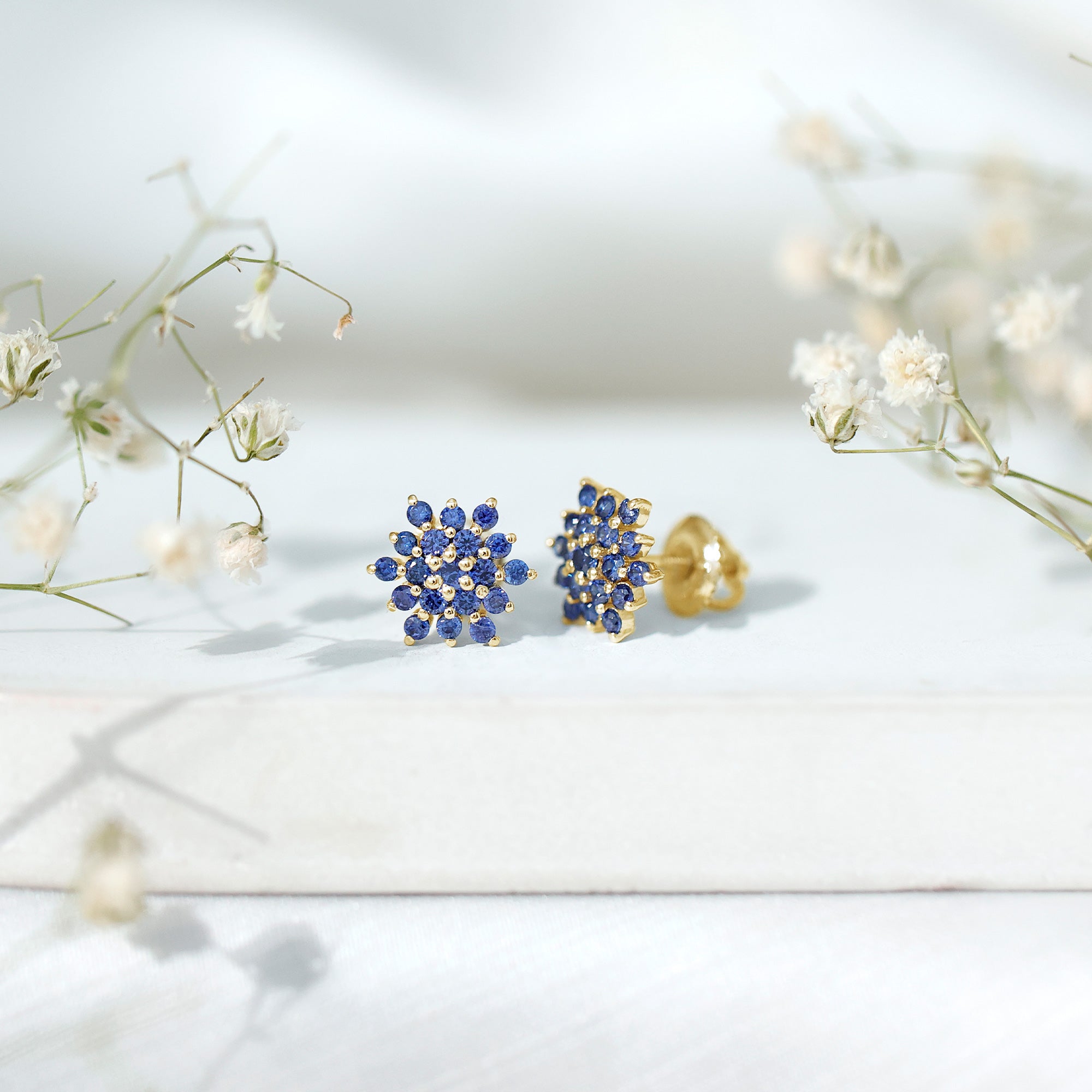 Snowflake Looking Lab Grown Blue Sapphire Cluster Stud Earrings AAAA - Rosec Jewels