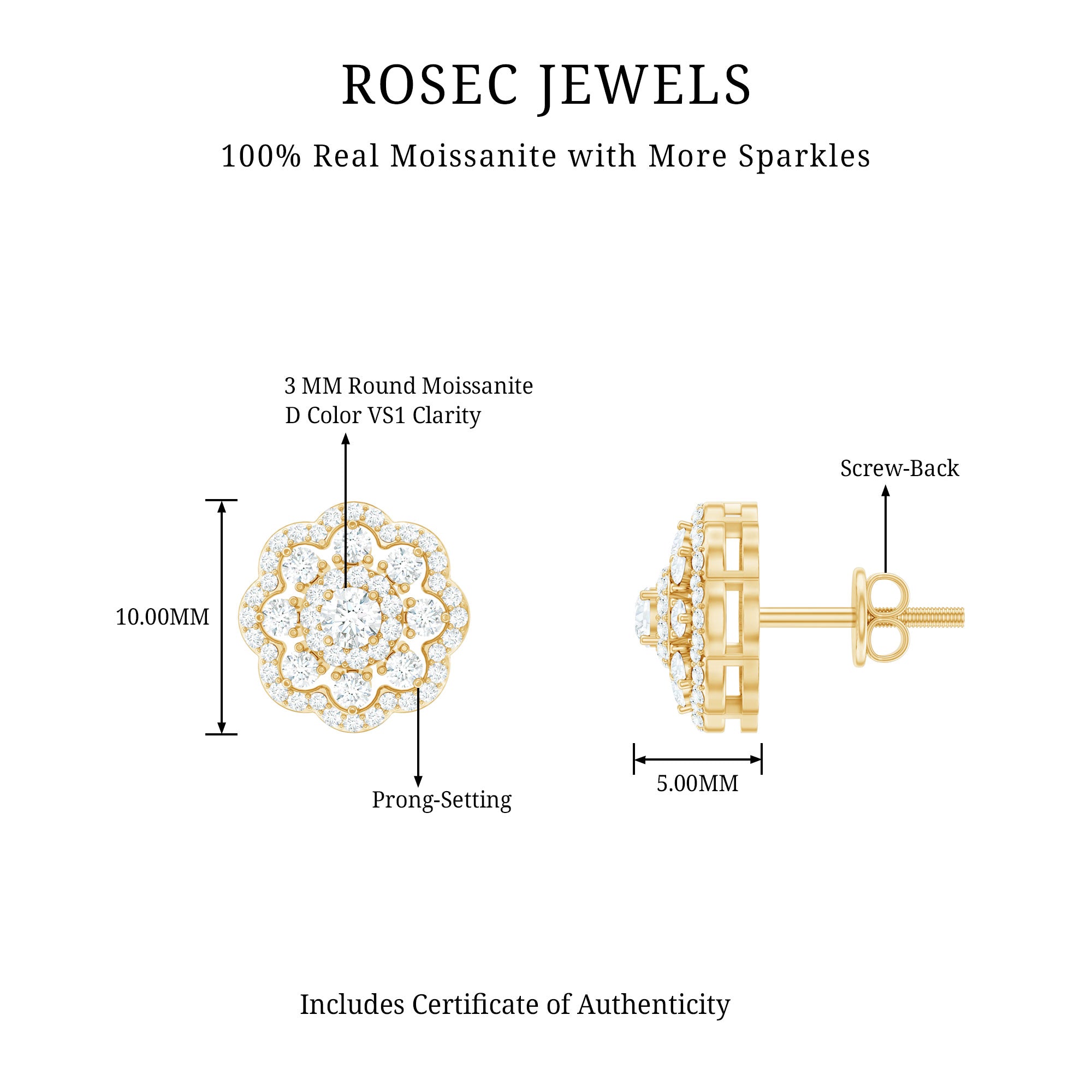 Certified Moissanite Big Flower Stud Earrings D-VS1 - Rosec Jewels