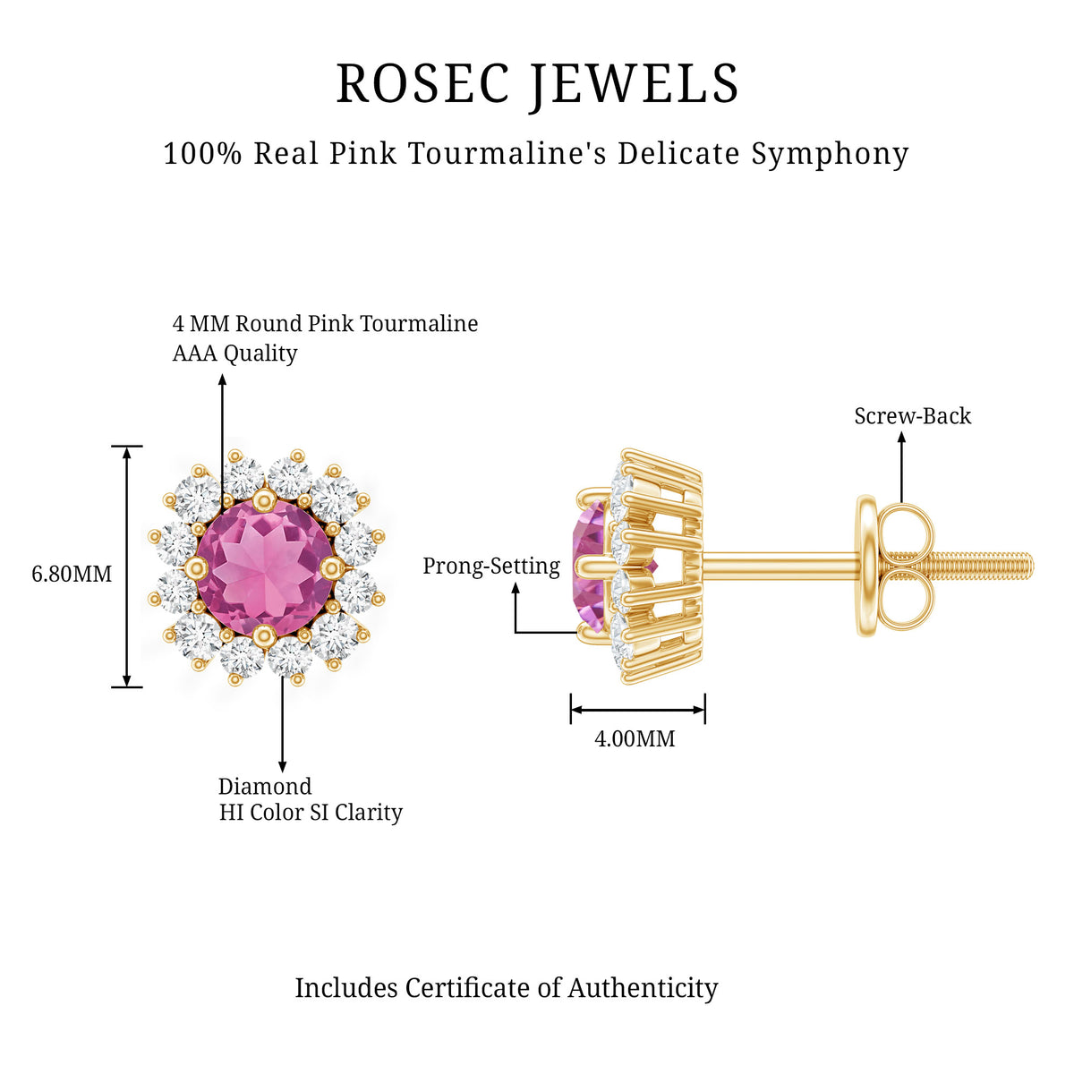 Natural Pink Tourmaline Stud Earrings with Diamond Halo AAA - Rosec Jewels
