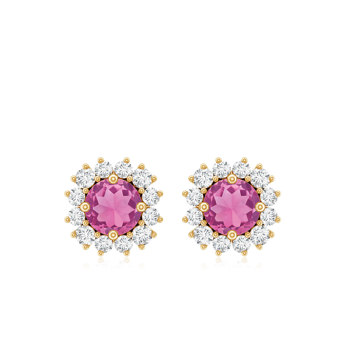 Natural Pink Tourmaline Stud Earrings with Diamond Halo AAA - Rosec Jewels