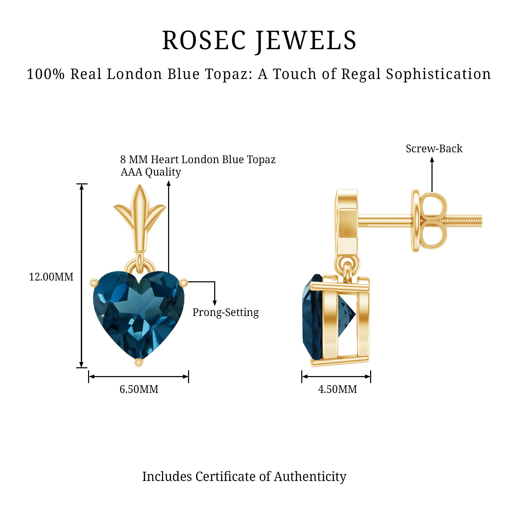 4 Carat London Blue Topaz Heart Drop Earrings for Women AAA - Rosec Jewels