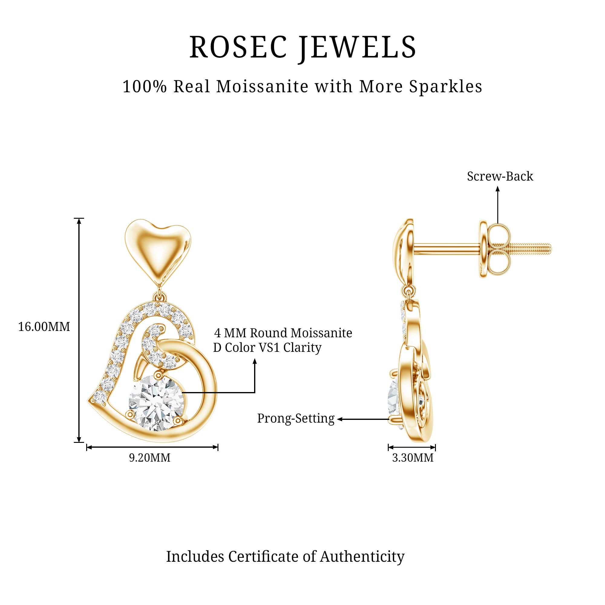 0.6 Carat Moissanite Heart Drop Earrings for Women D-VS1 - Rosec Jewels