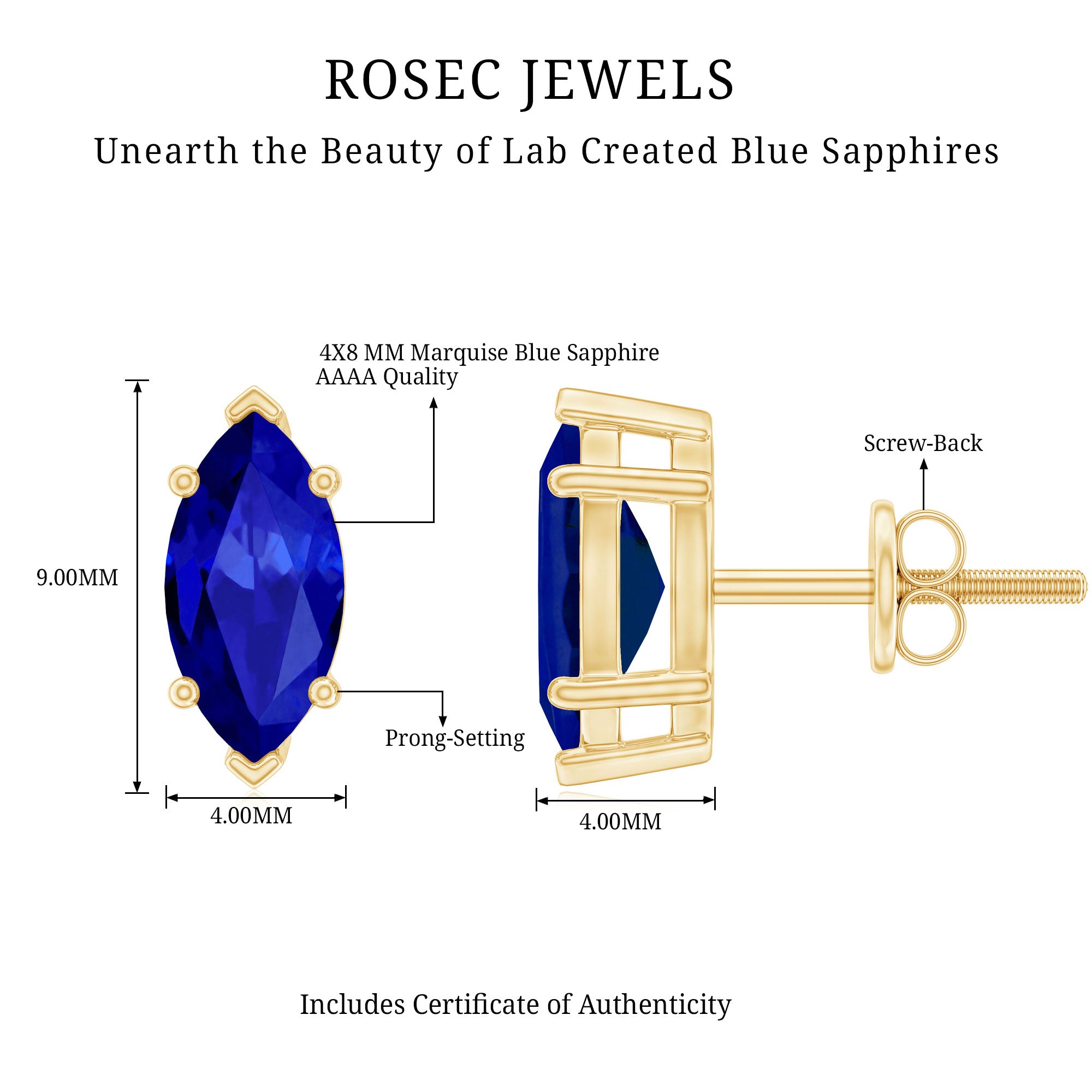 1.5 Carat Marquise Lab Created Blue Sapphire Stud Earrings AAAA - Rosec Jewels