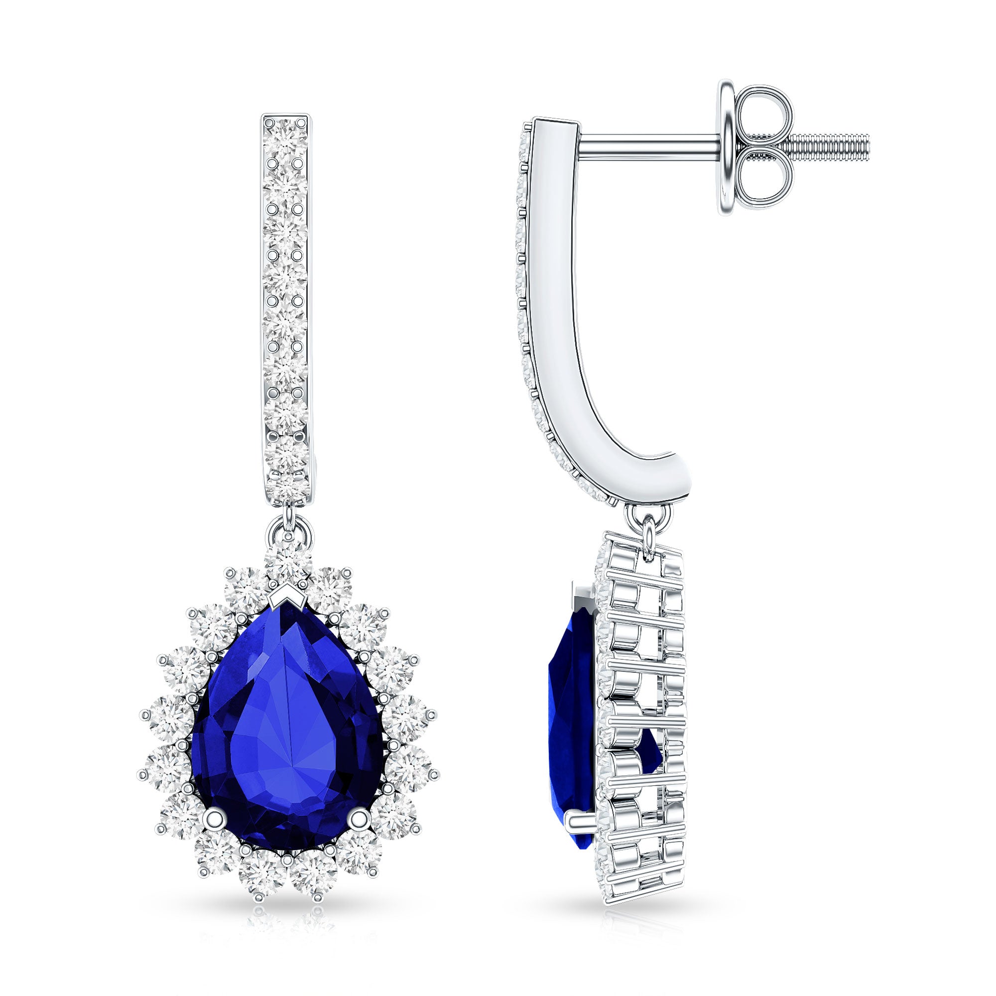 Pear Shaped Lab Grown Blue Sapphire and Diamond Hoop Drop Earrings AAAA - Rosec Jewels