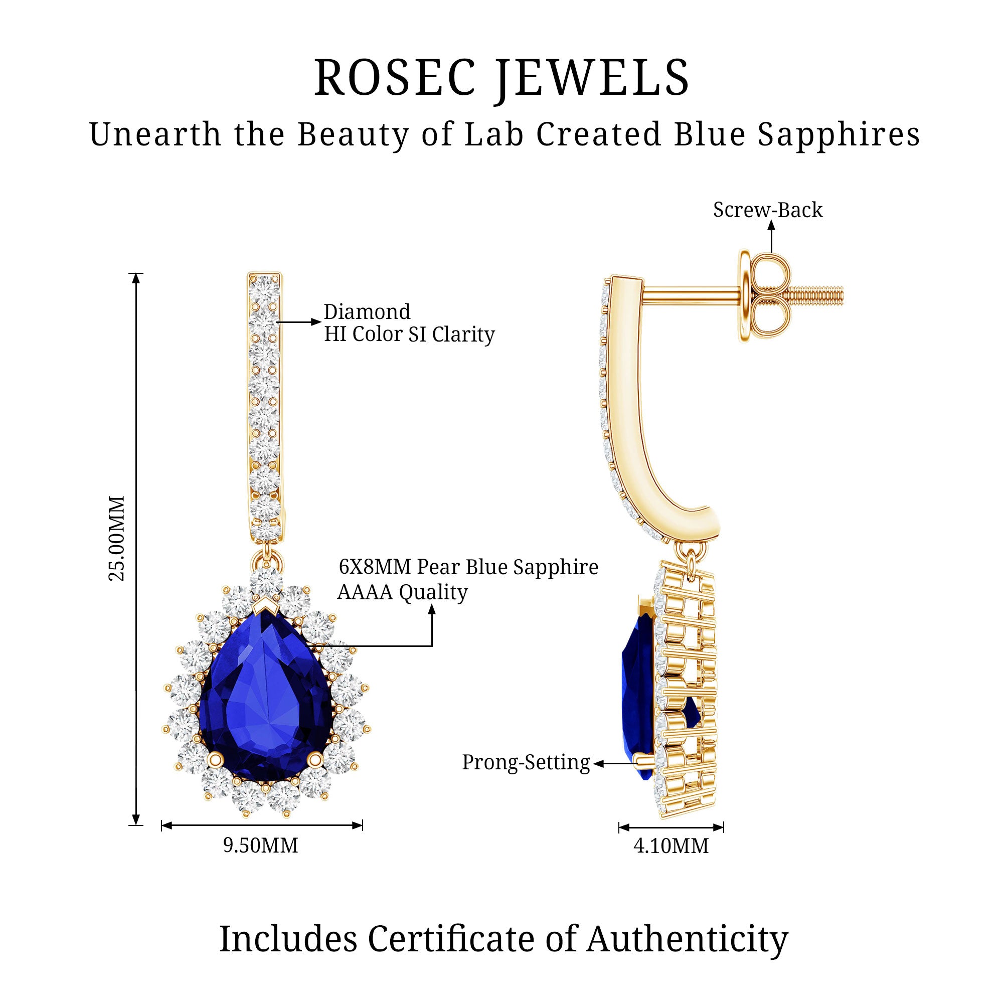 Pear Shaped Lab Grown Blue Sapphire and Diamond Hoop Drop Earrings AAAA - Rosec Jewels