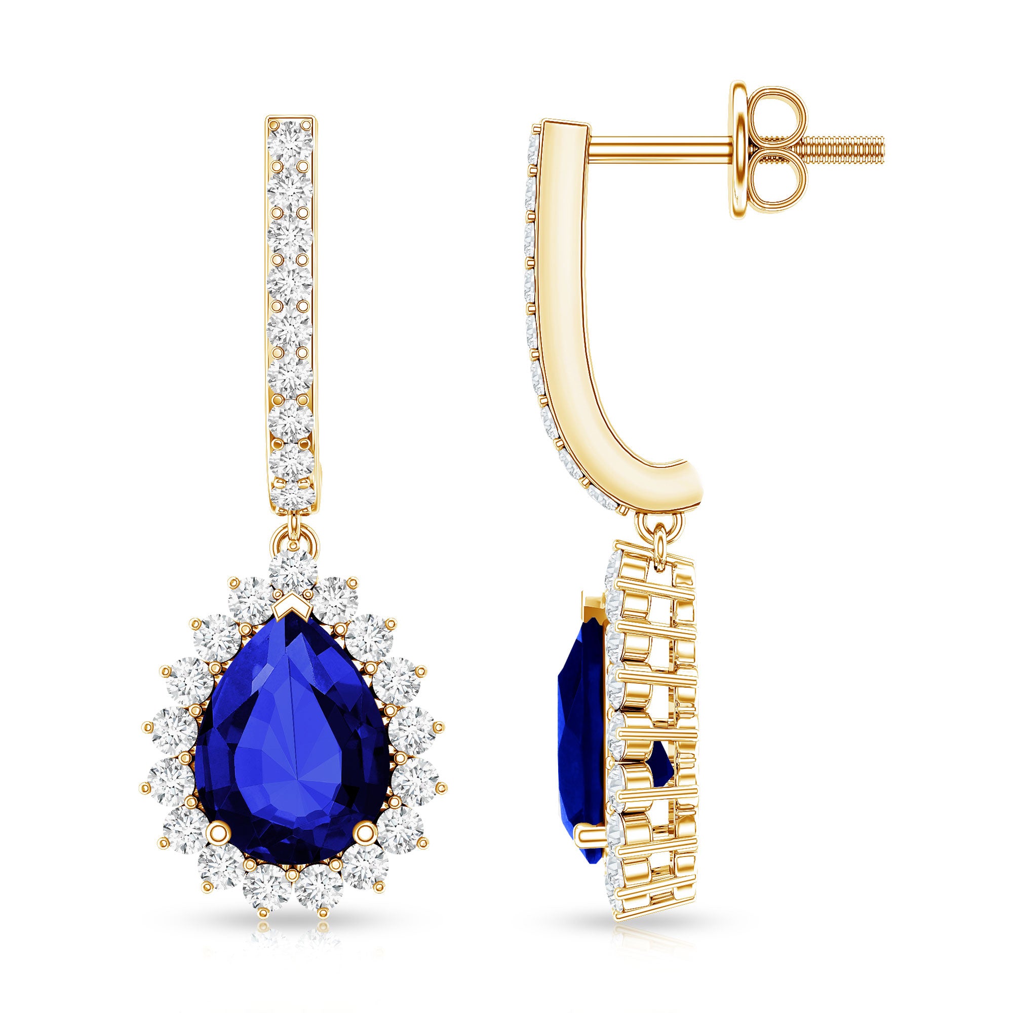 Pear Shaped Lab Grown Blue Sapphire and Diamond Hoop Drop Earrings AAAA - Rosec Jewels