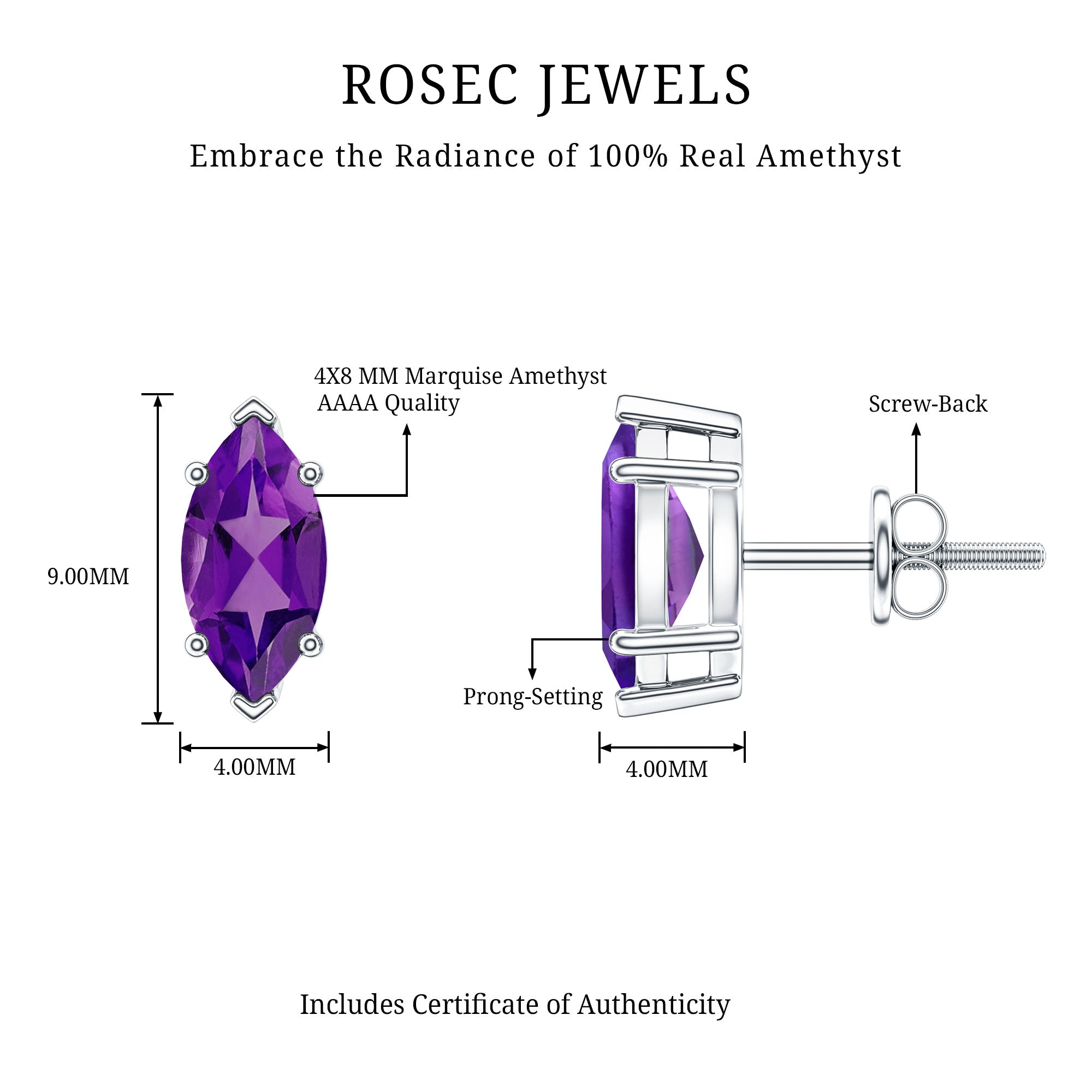1.48 Carat Marquise Cut Amethyst Solitaire Stud Earrings AAA - Rosec Jewels