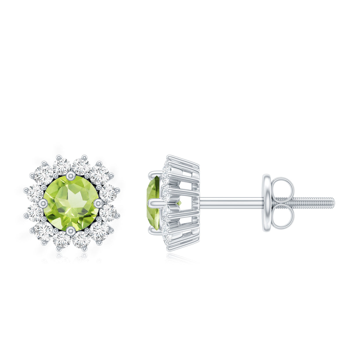 Natural 1 Carat Peridot Stud Earrings with Diamond Halo AAA - Rosec Jewels
