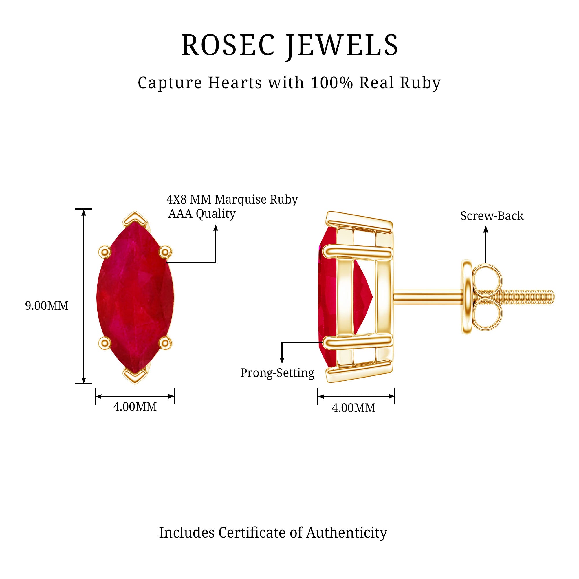 Natural 1.5 Carat Marquise Ruby Stud Earrings with Screw Back AAA - Rosec Jewels