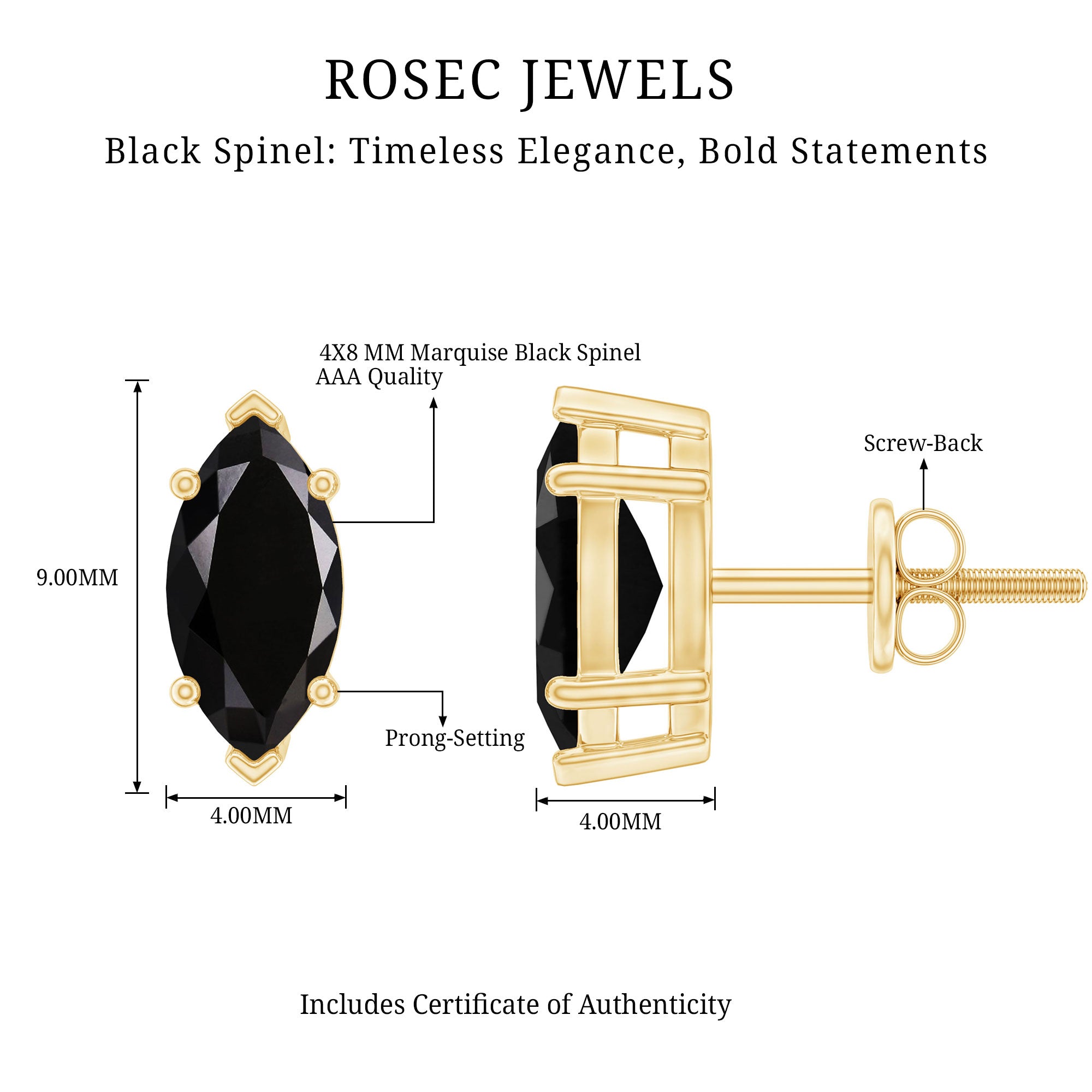 1.5 CT Marquise Black Spinel Solitaire Stud Earrings AAA - Rosec Jewels