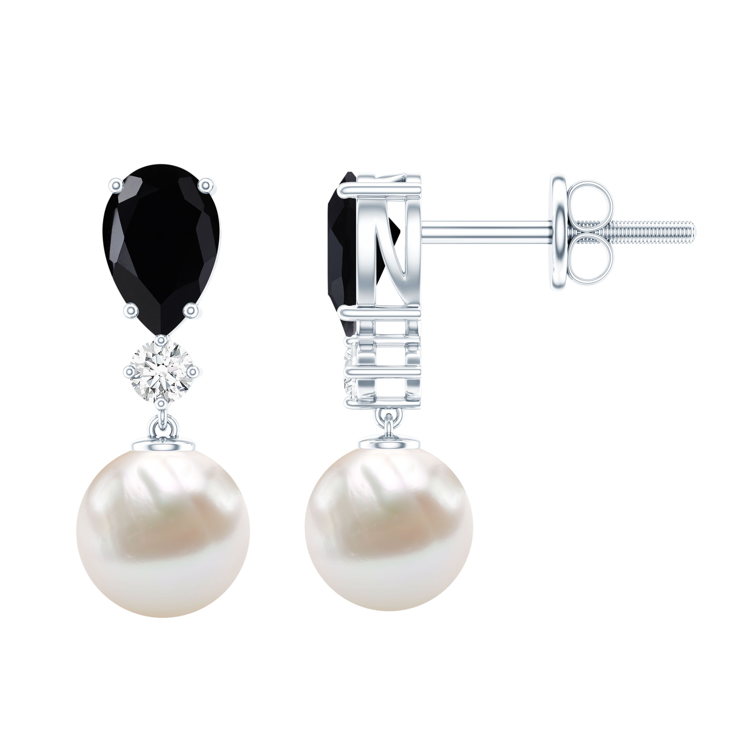 6 Carat Freshwater Pearl Drop Earrings with Black Onyx AAA - Rosec Jewels