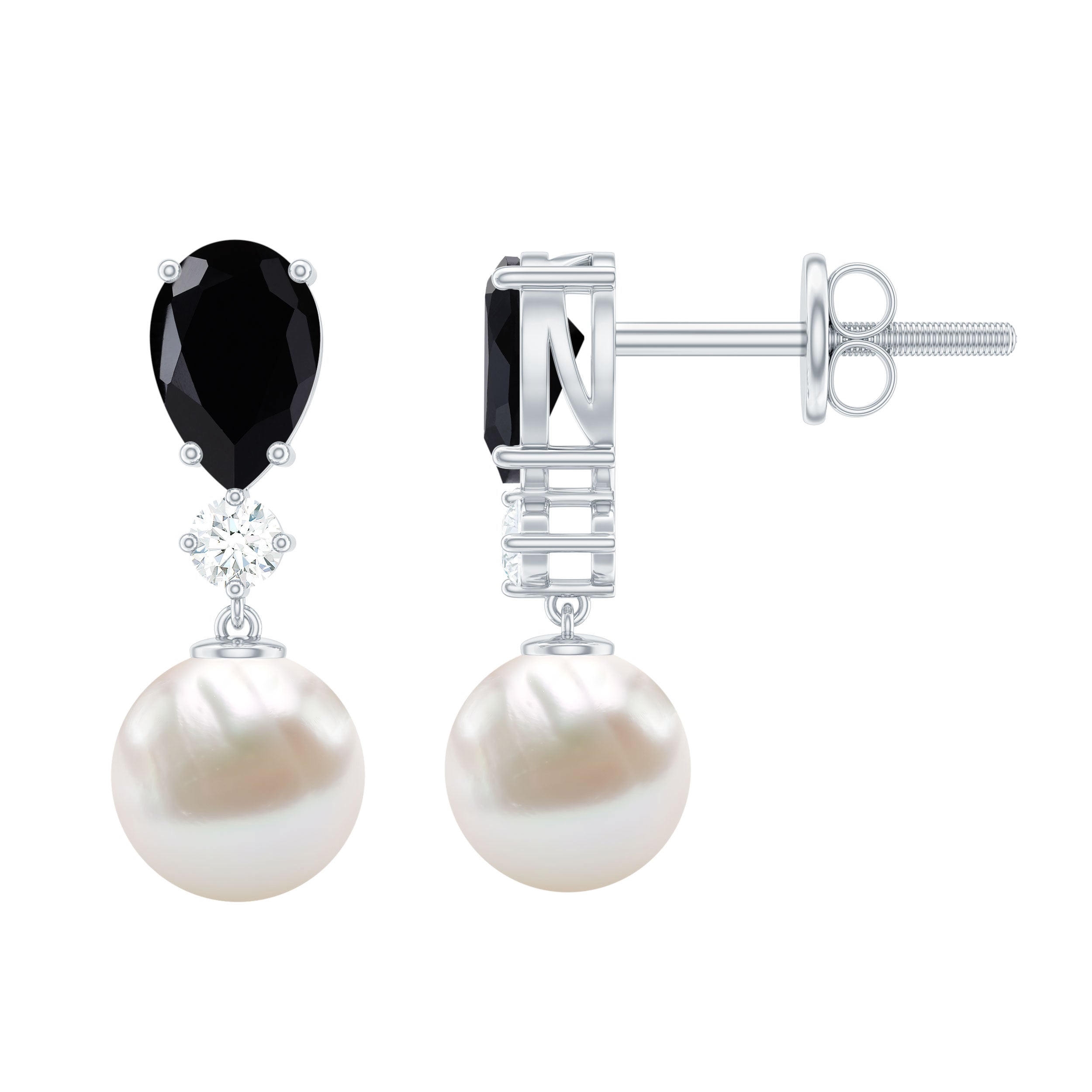 Natural Elegant Pearl Dangle Earrings with Black Onyx