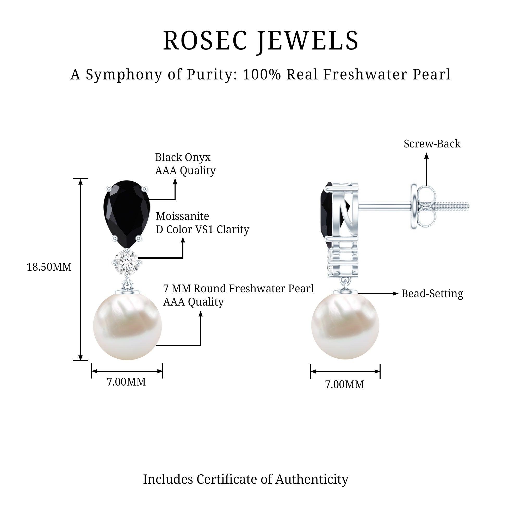 6 Carat Freshwater Pearl Drop Earrings with Black Onyx AAA - Rosec Jewels