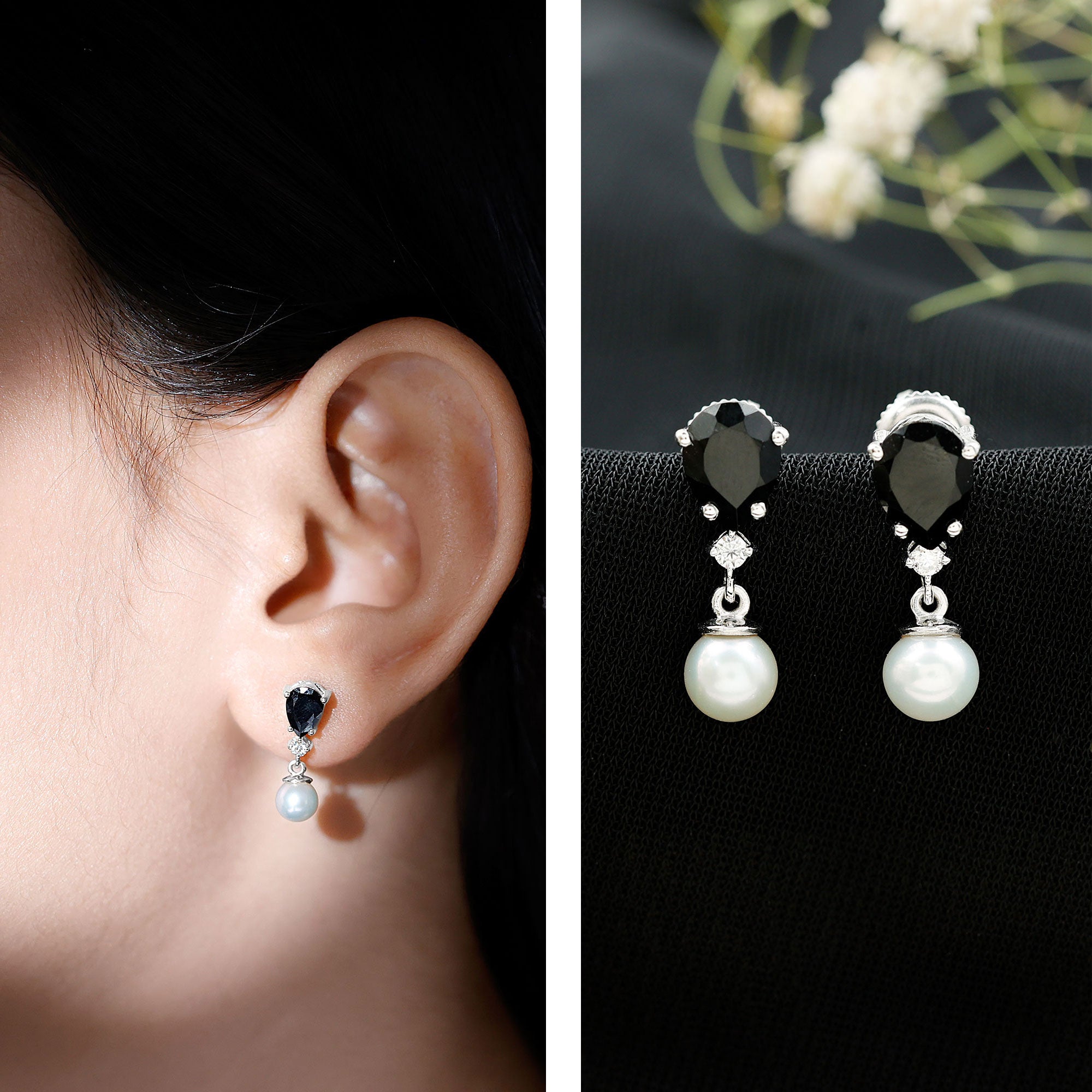 6 Carat Freshwater Pearl Drop Earrings with Black Onyx AAA - Rosec Jewels