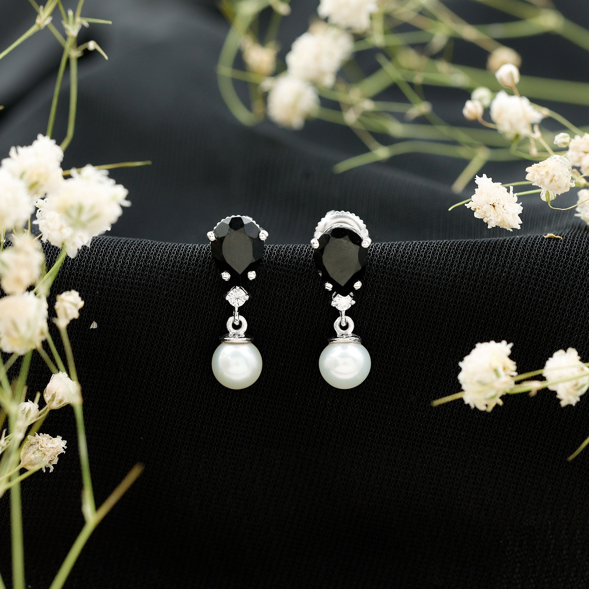 6 Carat Freshwater Pearl Drop Earrings with Black Onyx AAA - Rosec Jewels