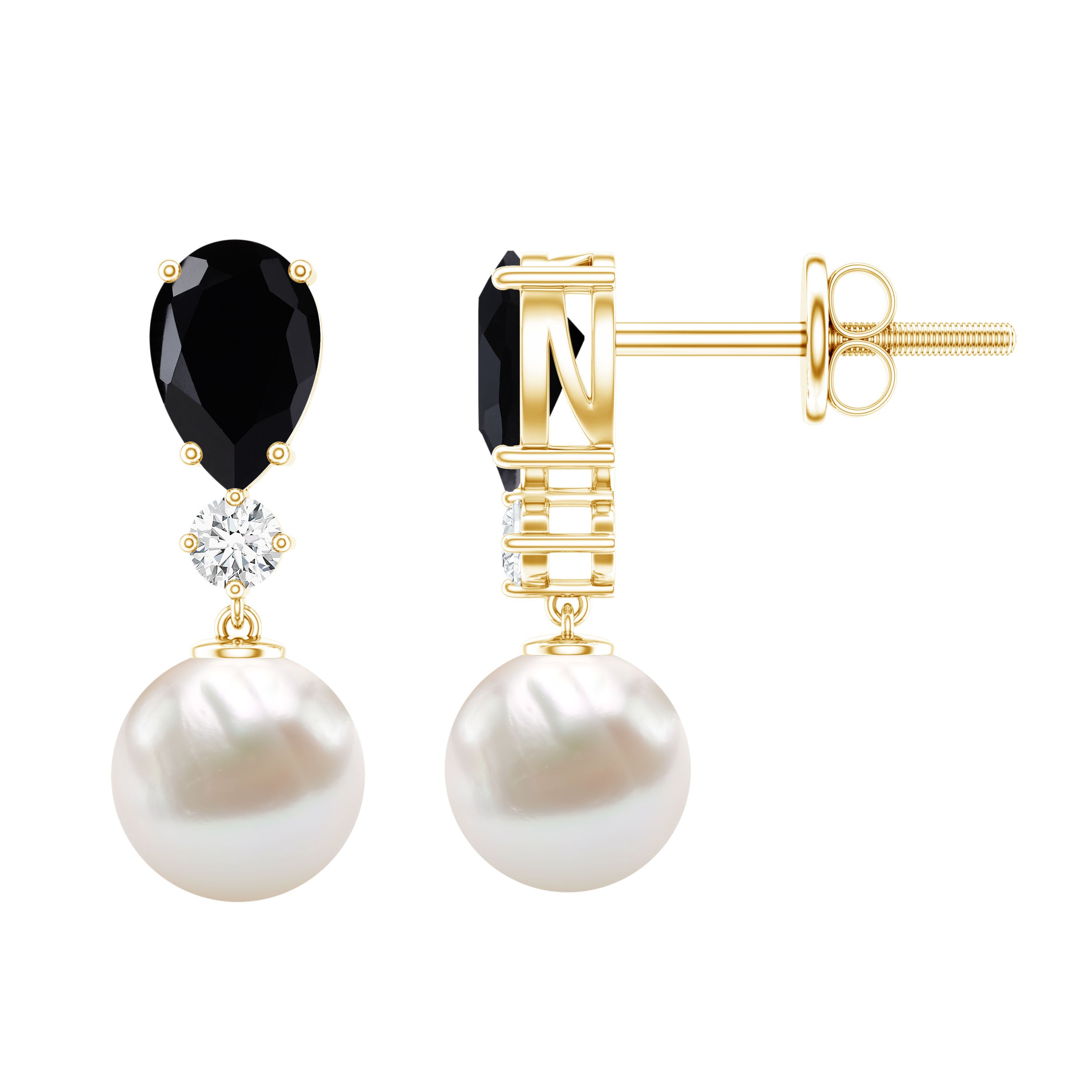 6 Carat Freshwater Pearl Drop Earrings with Black Onyx AAA - Rosec Jewels