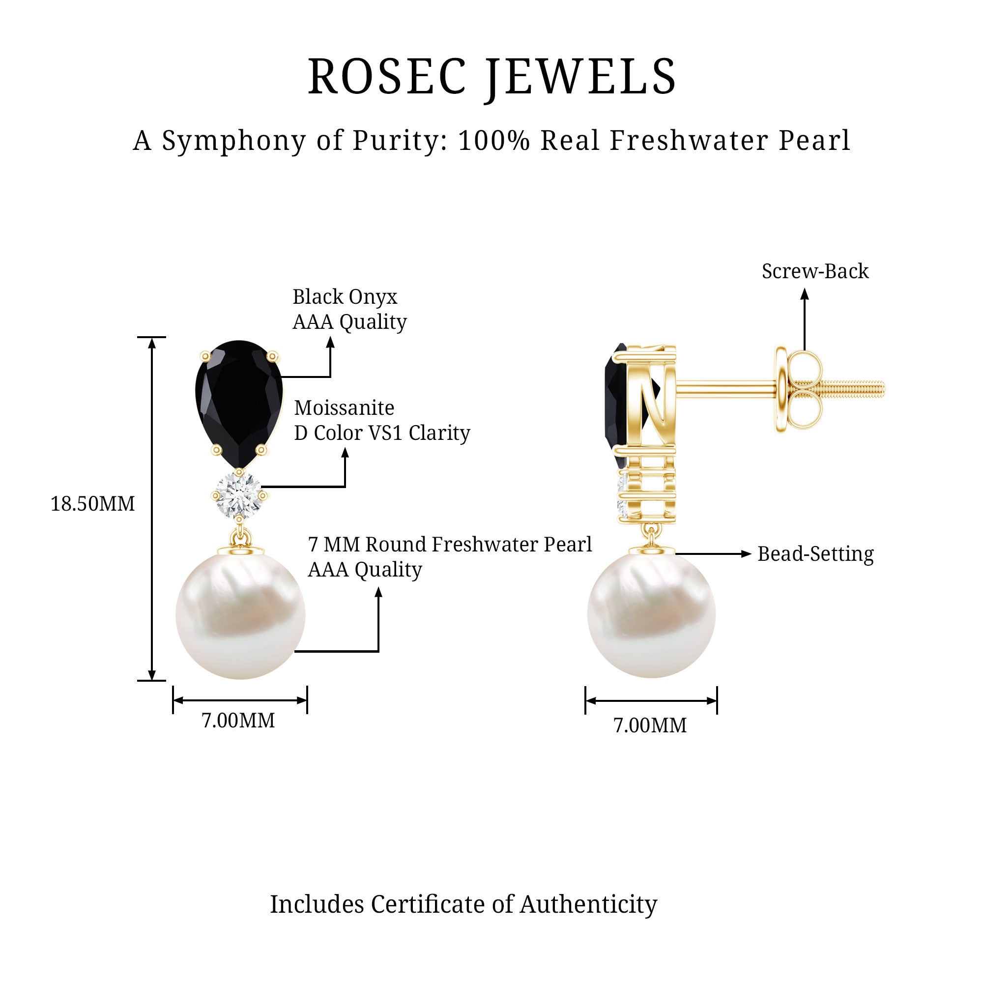 6 Carat Freshwater Pearl Drop Earrings with Black Onyx AAA - Rosec Jewels
