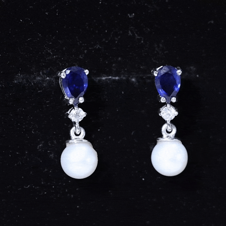 Natural Freshwater Pearl Drop Dangle Earrings with Blue Sapphire AAA - Rosec Jewels